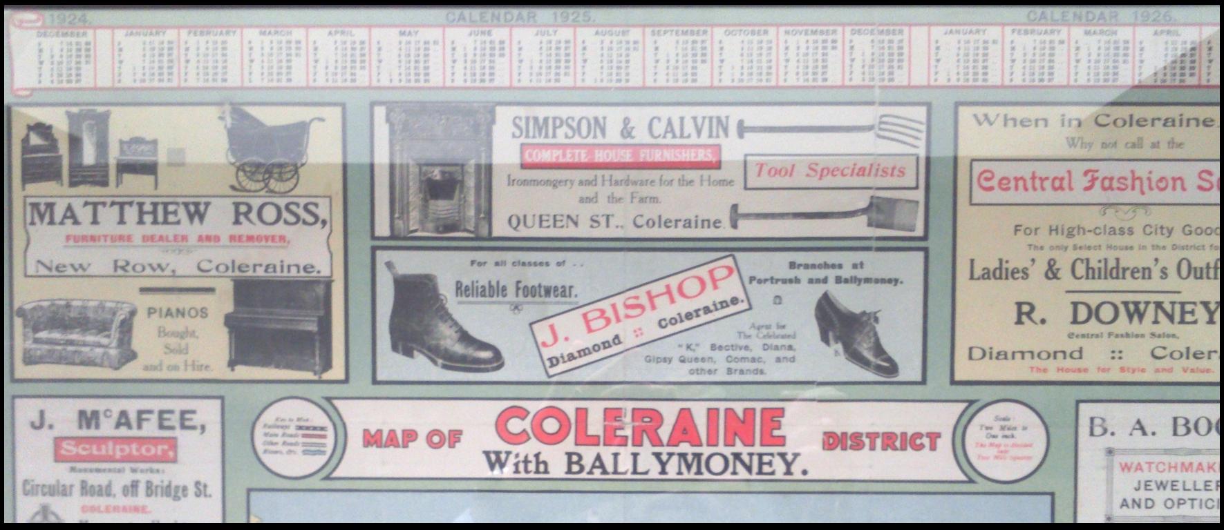 An advert for J. Bishop from 1924  mentioning branches in Coleraine, Portrush and Ballymoney