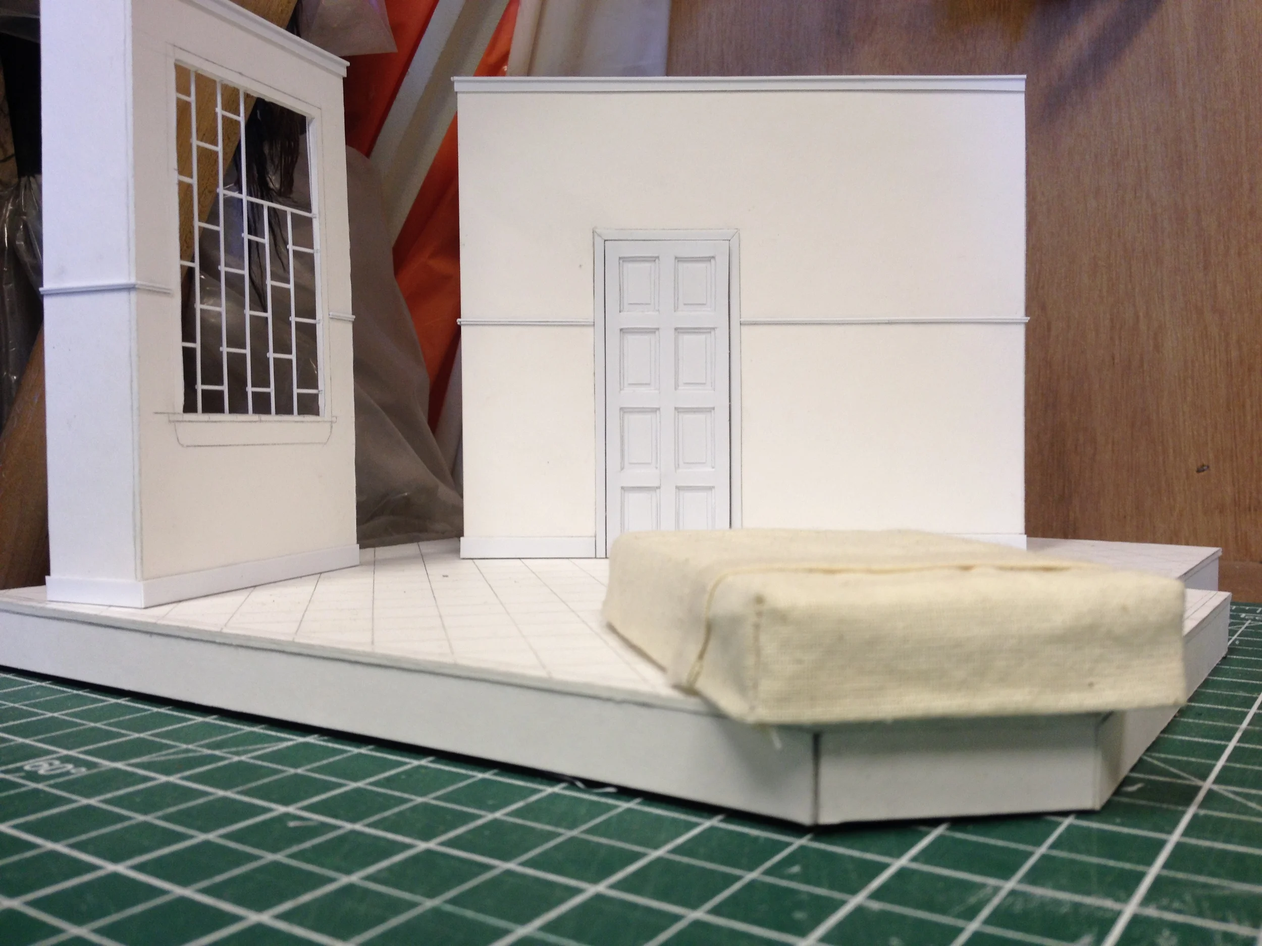    Soliciting Temptation . 1/2" Scale White Model.&nbsp;Set Design by Ken MacKenzie. Tarragon Theatre. 2014  