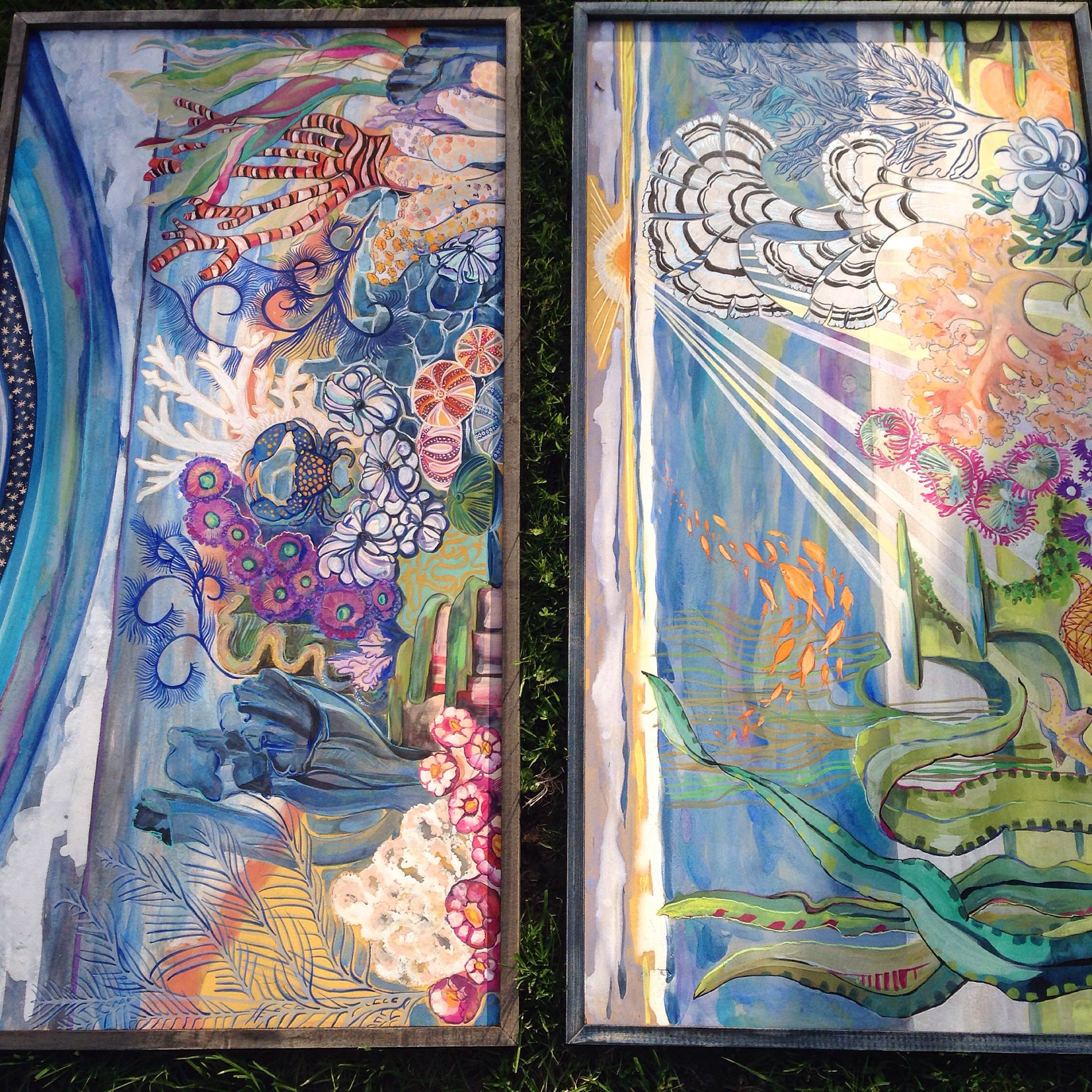 ^ I took this photo while they were sitting in the setting sun, waiting to be loaded up to bring to the gallery. I used an iridescent paint that is hard to capture, it glimmers and add lots of dimension. Something you need to see in person! 