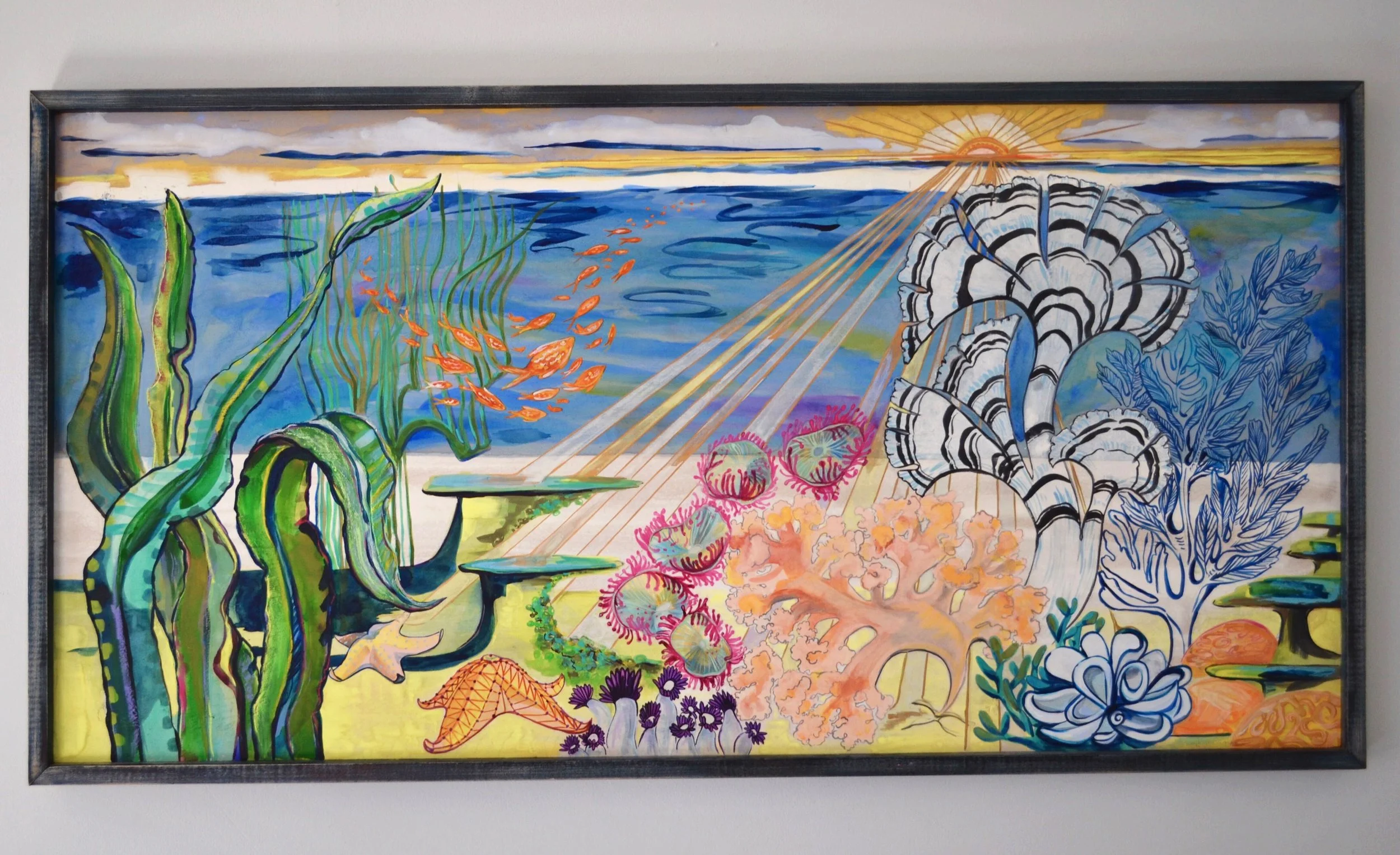 'Oceans Flow' 4'x2' Mixed media painting on birch panel. Framed in oak. $1100