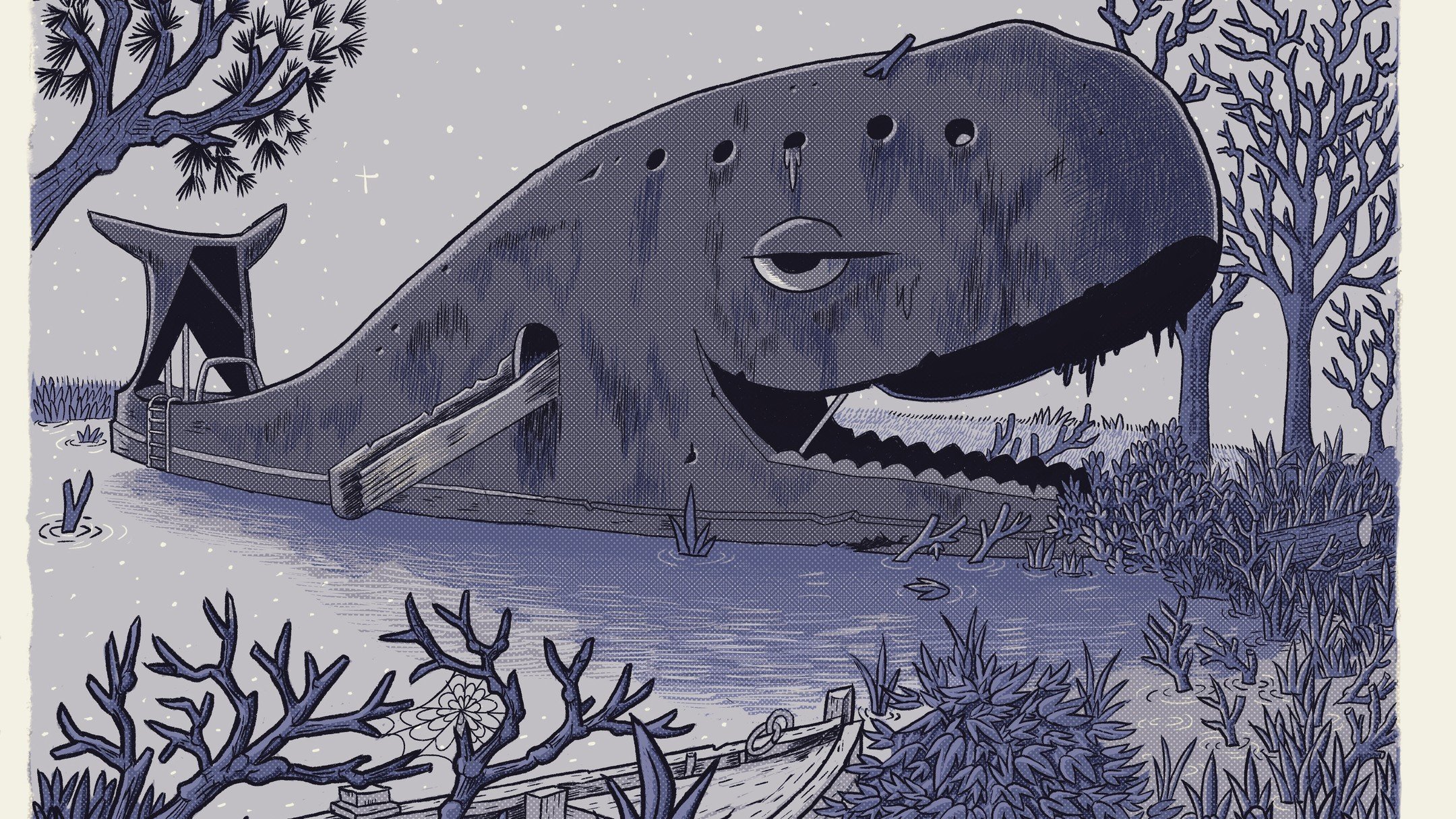 The Blue Whale of Catoosa at Night from my upcoming mini comic about submerged animatronics. #comics #bluewhaleofcatoosa #animatronics #submergedanimatronics #illustration #rt66 #catoosa #drawing #illustration #whale