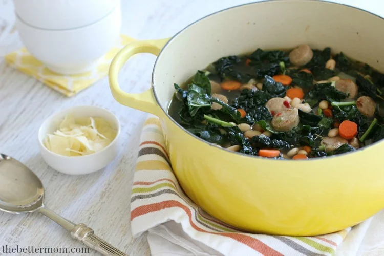 Happy Fall! Soup weather has finally arrived! With its hearty, satisfying flavors, this Savory Sausage & White Bean Soup makes the perfect healthy meal on those crisp, cool autumn nights!