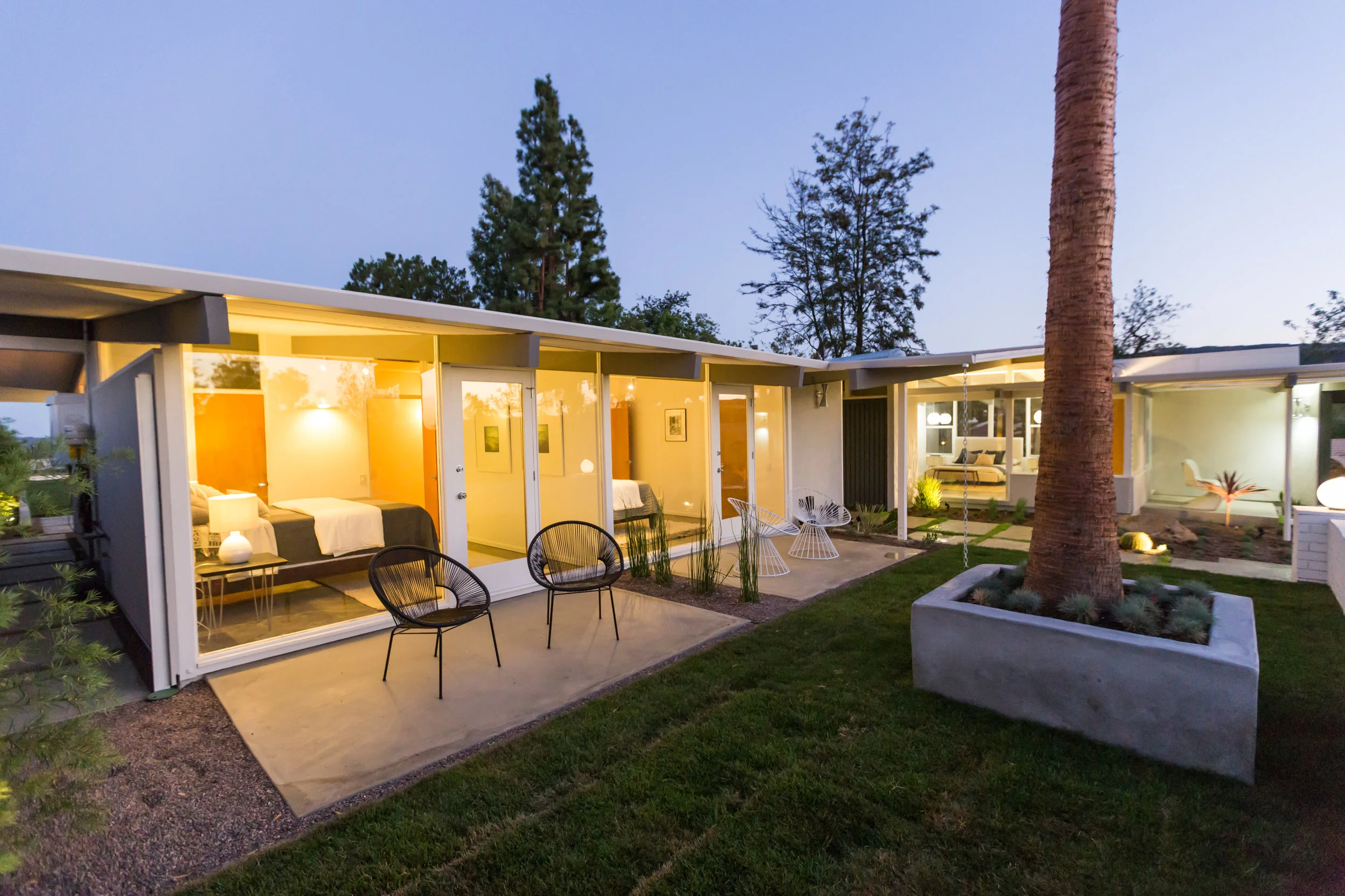 A twilight shot of the exterior