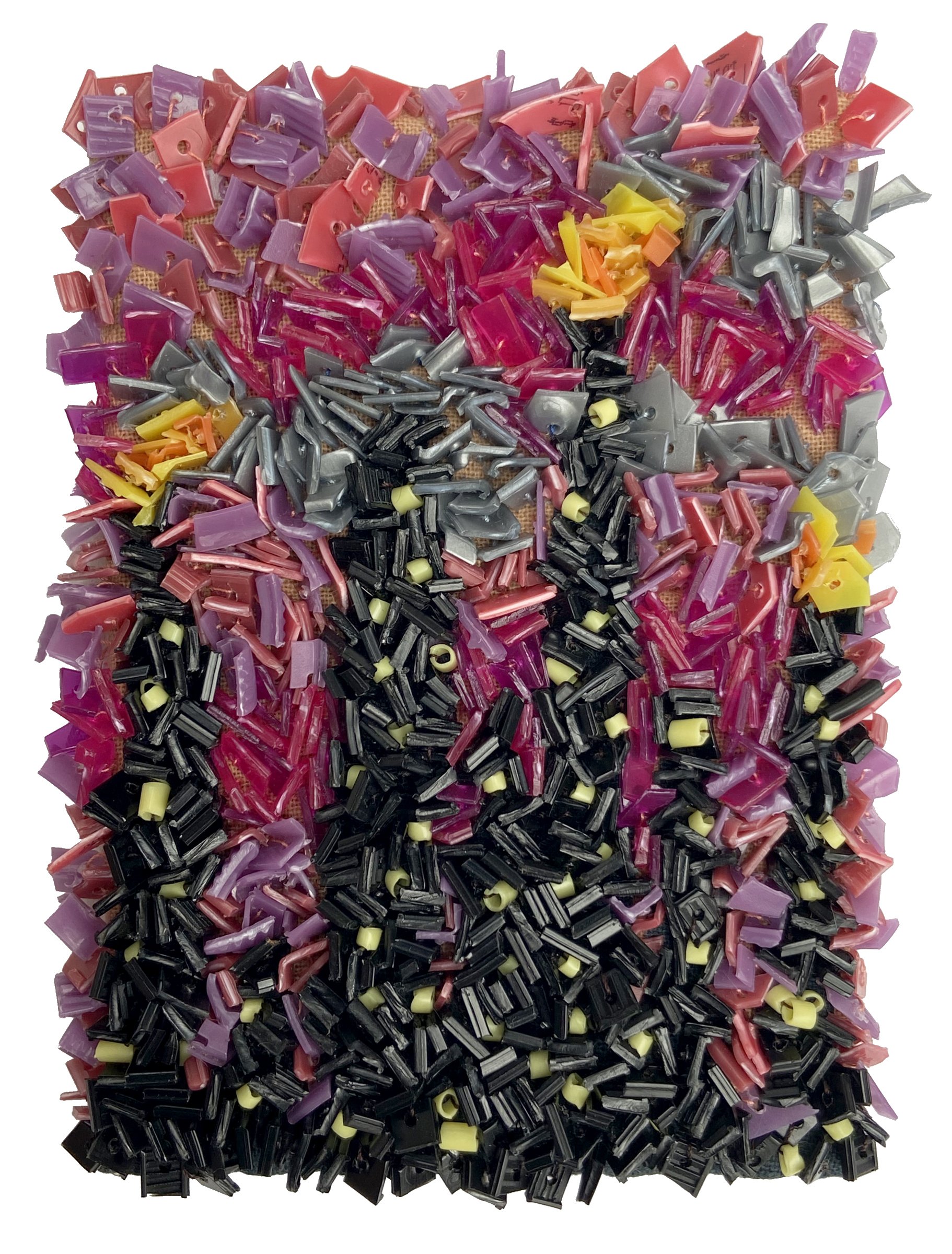 "Refined Sunset," upcycled discarded plastic beads on naturally dyed cotton, 4 by 5.75 inches