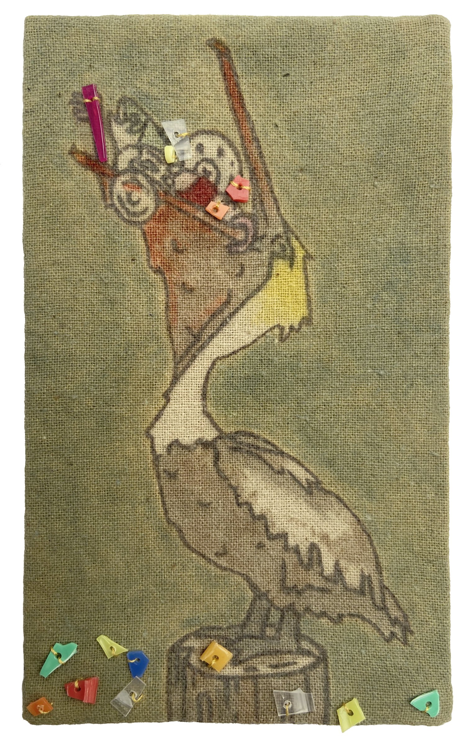 "The Pelican State," upcycled discarded plastic beads on naturally dyed cotton, 5 by 3 inches