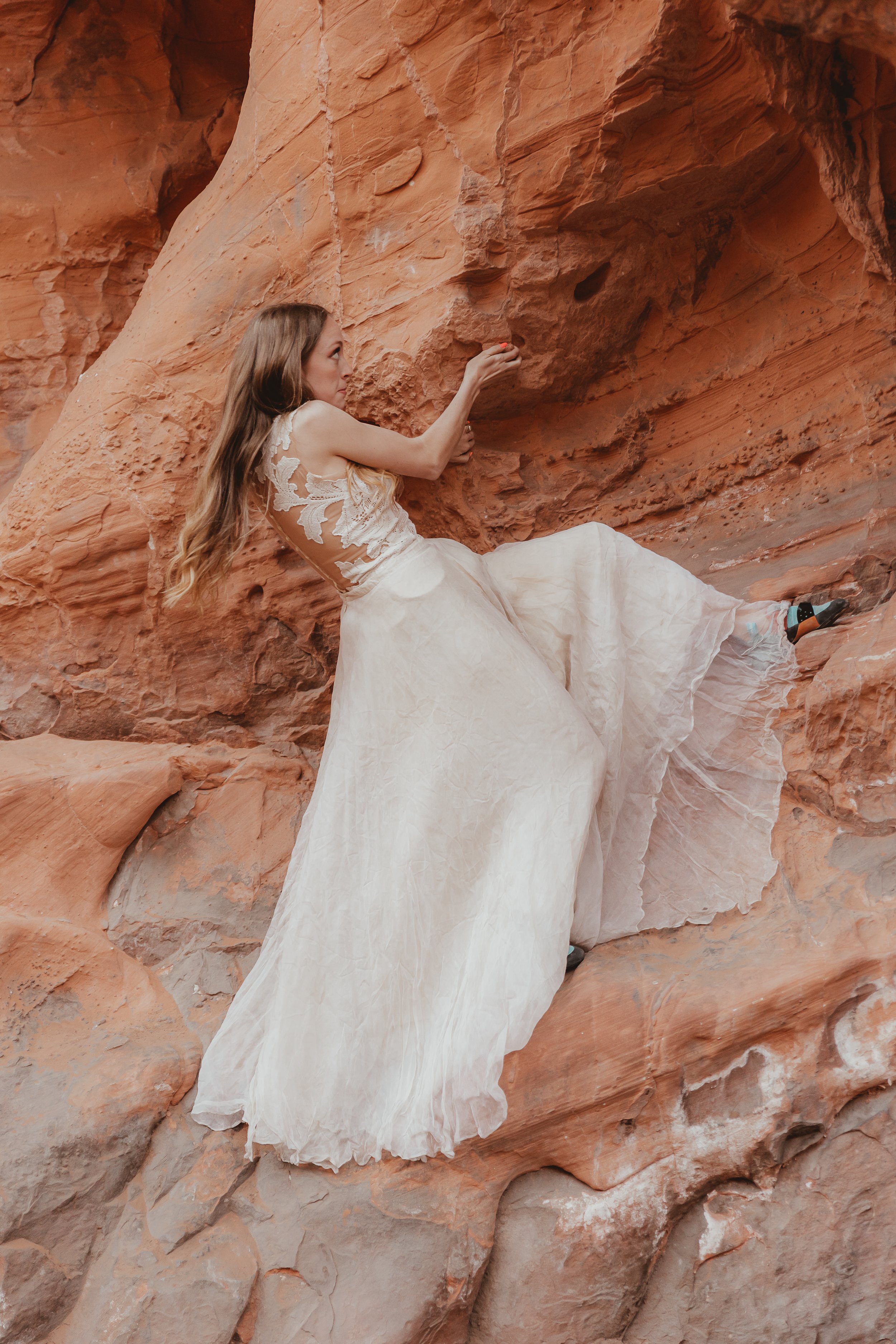 Rock climbing elopement wedding dress