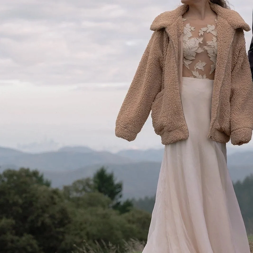  Close-up of a Linyage lace bridal separates worn for a San Francisco elopement. 