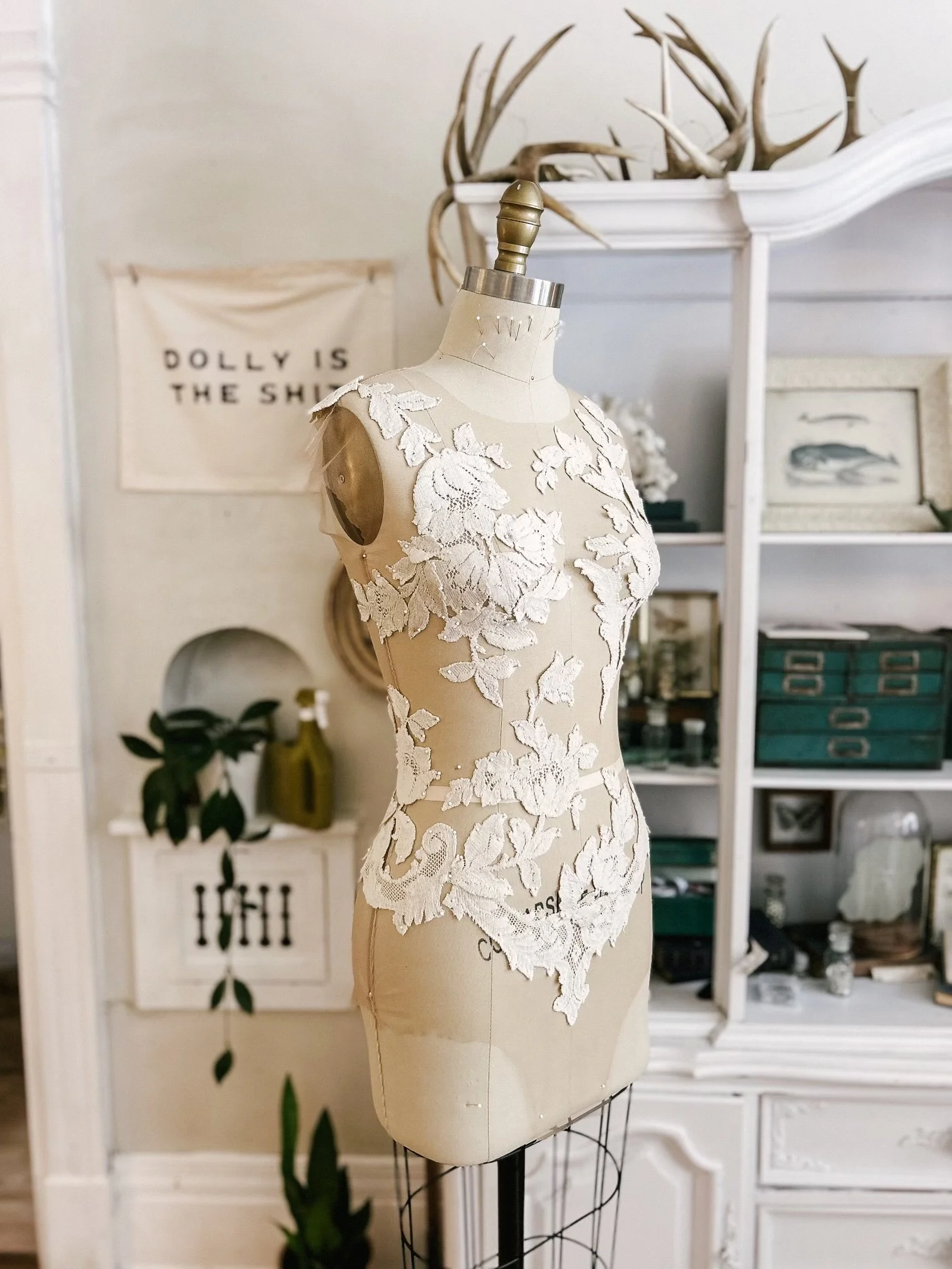  Custom linyage lace bridal bodysuit on the dress form made for a San Francisco bride 