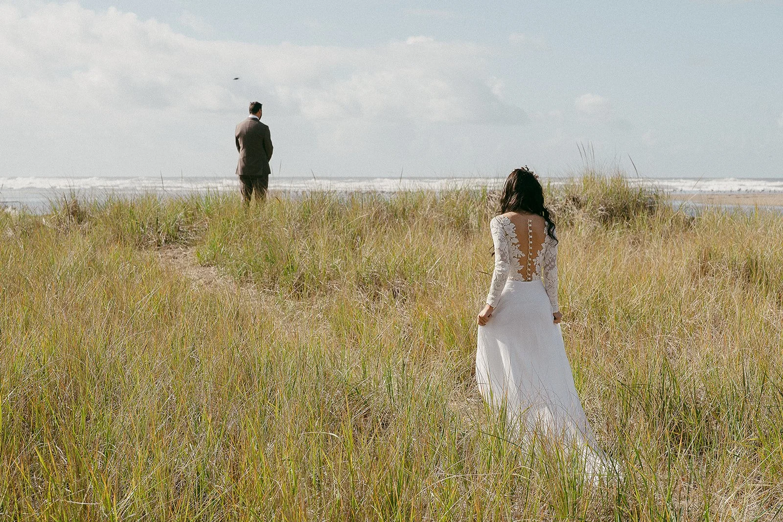 linyage custom wedding dress - two piece elopement dress for an Oregon adventure elopement. Vintage lace bodysuit and organza skirt.