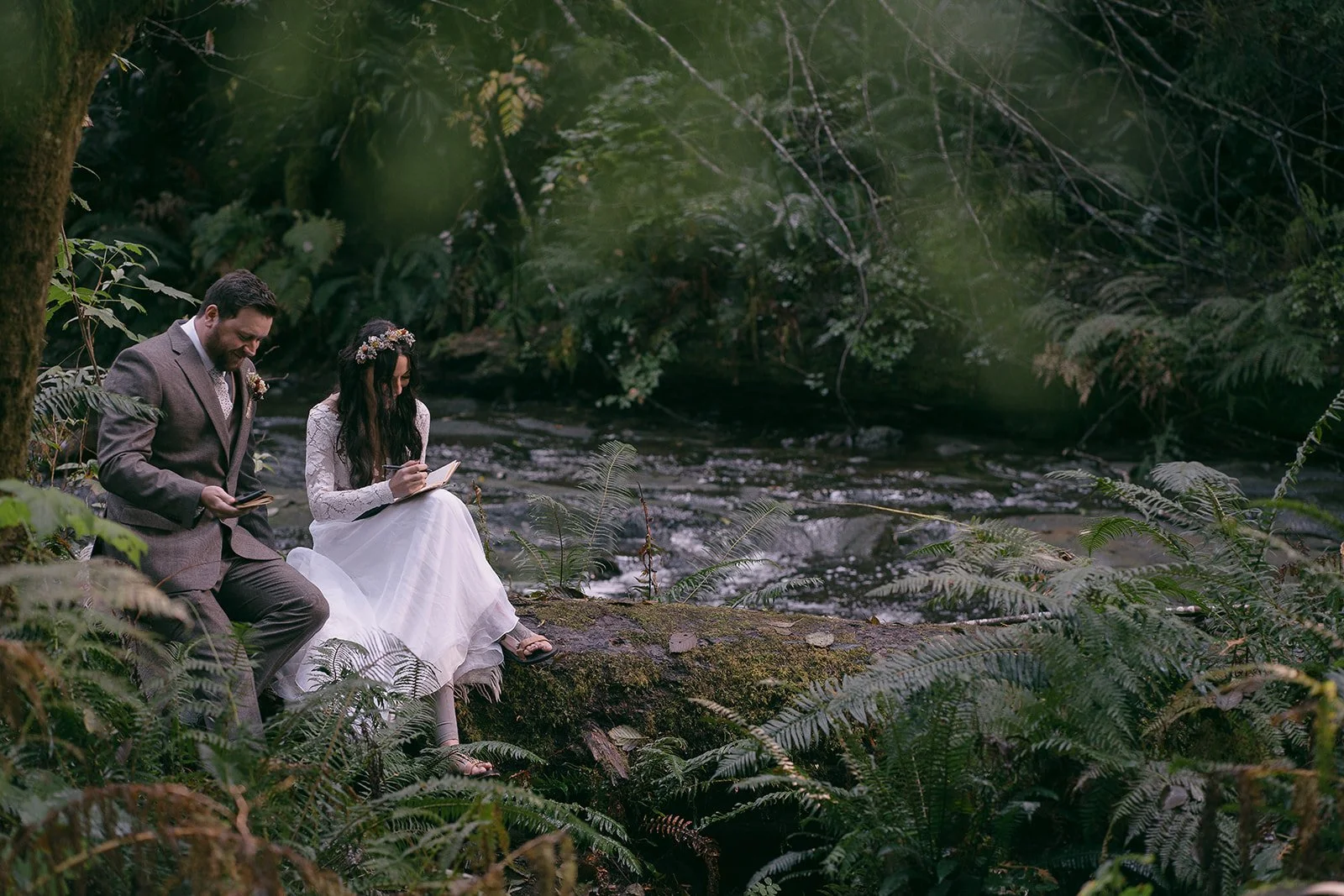 Forrest Elopement Wedding Dress by Linyage - two piece vintage lace, long sleeve bodysuit and bias cut organza skirt is effortless for packing, hiking and traveling.