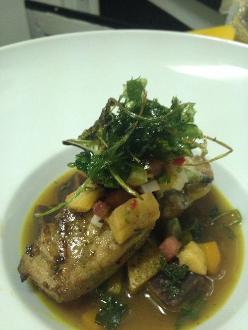 Keep it simply, pepper pot mahi mahi. Local mahi serve on a broth of ground provision ,and top with a ginger fruit salsa, that's how we share the love