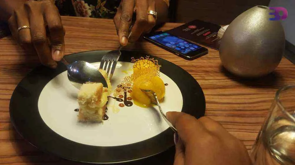 Mango sorbet, coconut lime sponge, coconut lime curd and vanilla tuille