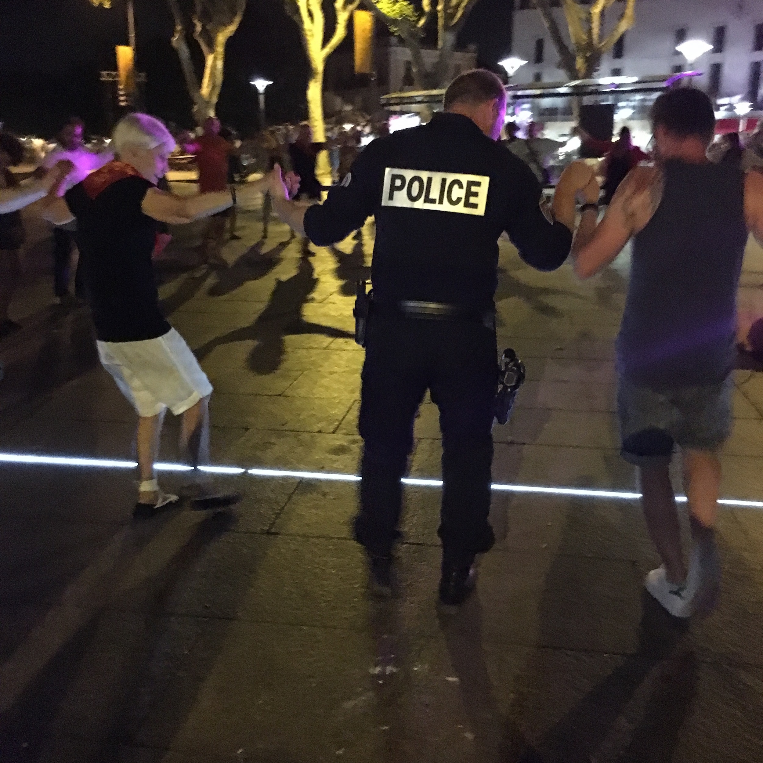 A dancing police officer in Perpignan, France.