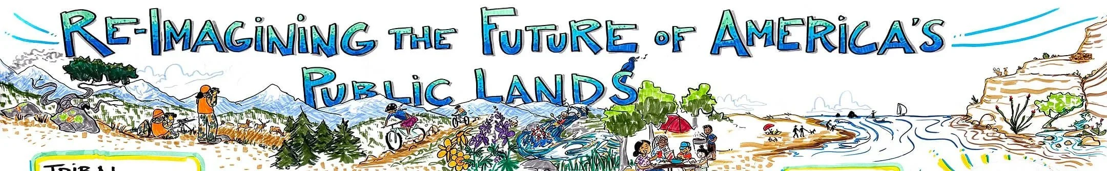 graphic recording title in teal and turquoise on white background. hand drawn montage of scenes below including elk hunters in mountains, mountain bikers, wildflowers, whitewater rafting, a family having a picnic/camping, people on a beach, a canyon