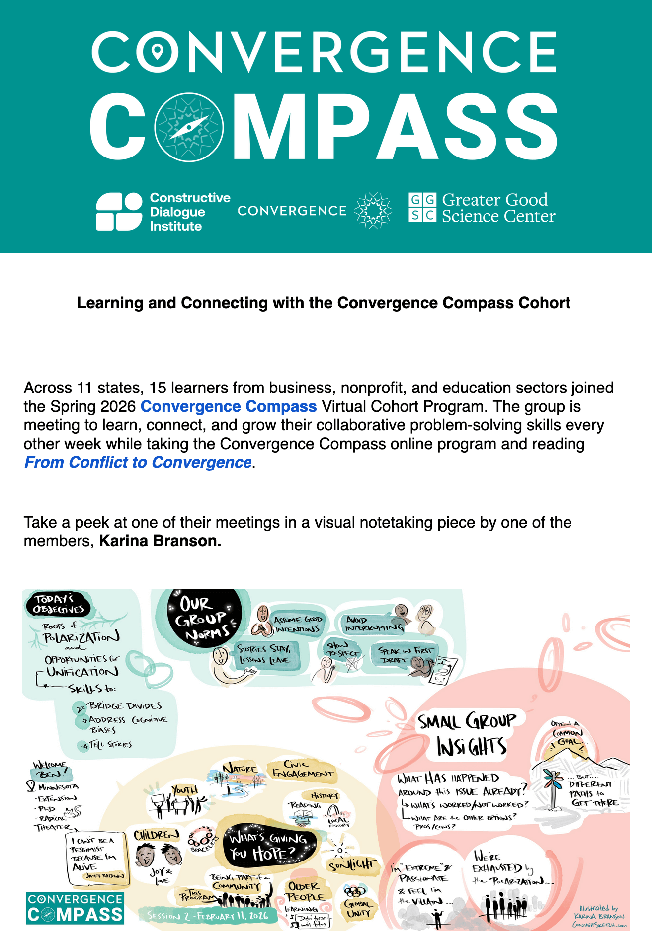 screenshot from convergence compass email newsletter. text describes the cohort and an image of digitally created visual notes from ConverSketch is highlighted