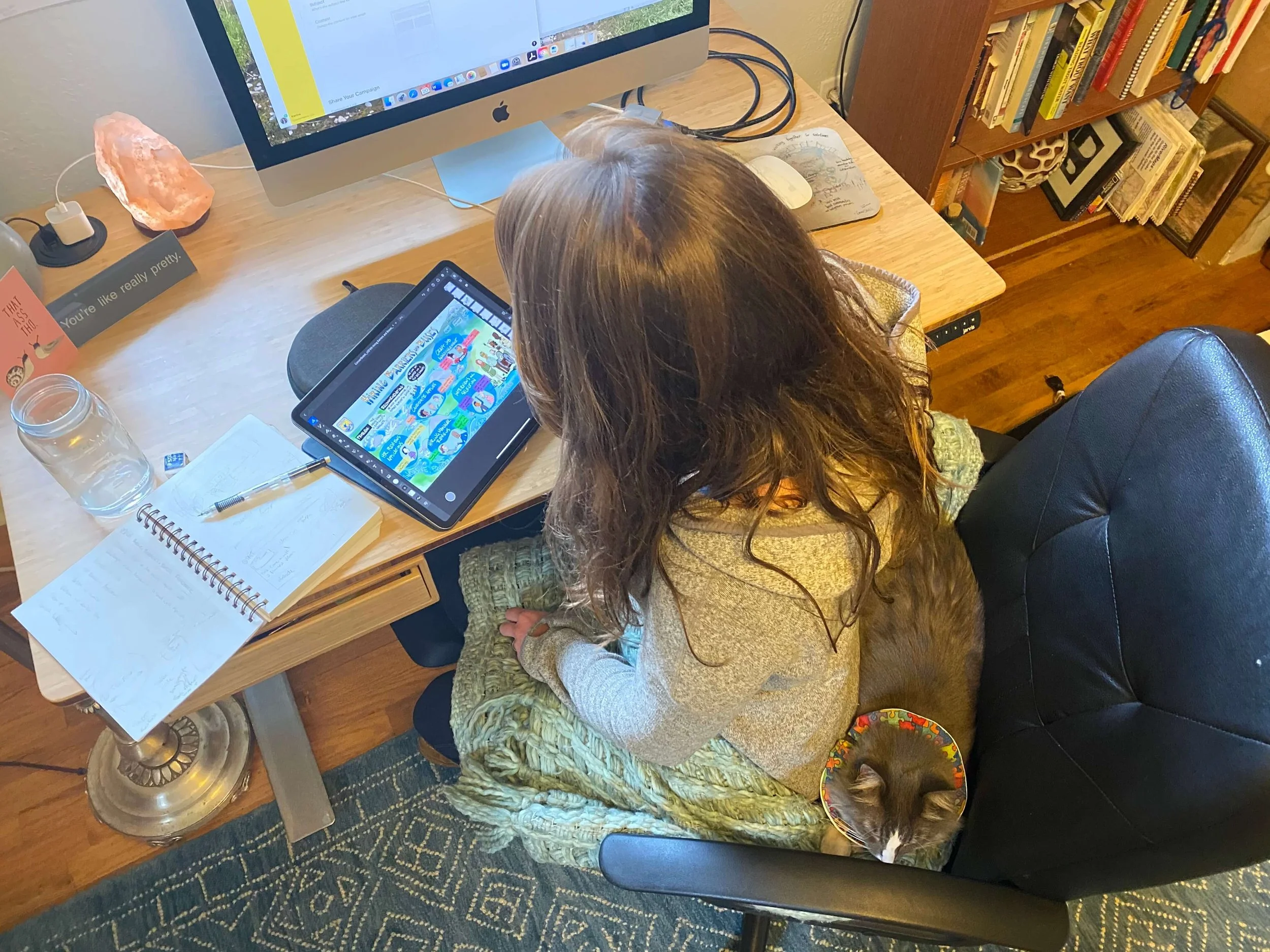photograph of woman with long brown hair sitting in chair in home office, as seen from above. She is working remotely, drawing on an ipad which is on her desk with paper notes an dpencil. There is a gray cat sitting behind her in the chair.