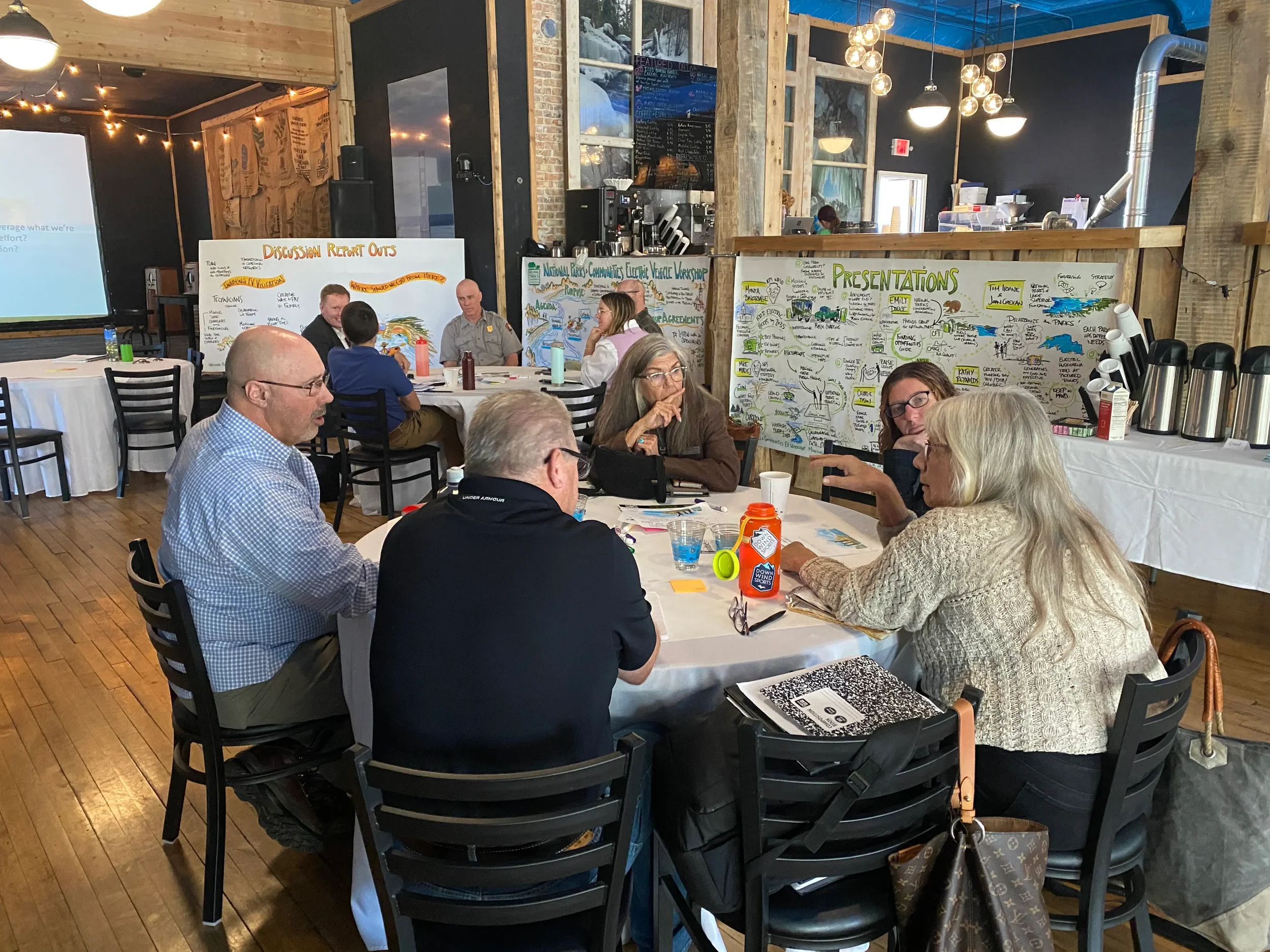 two round tables of white people in a workshop with colorful graphic facilitation images in background, paper and colorful markers on tables, and natural light