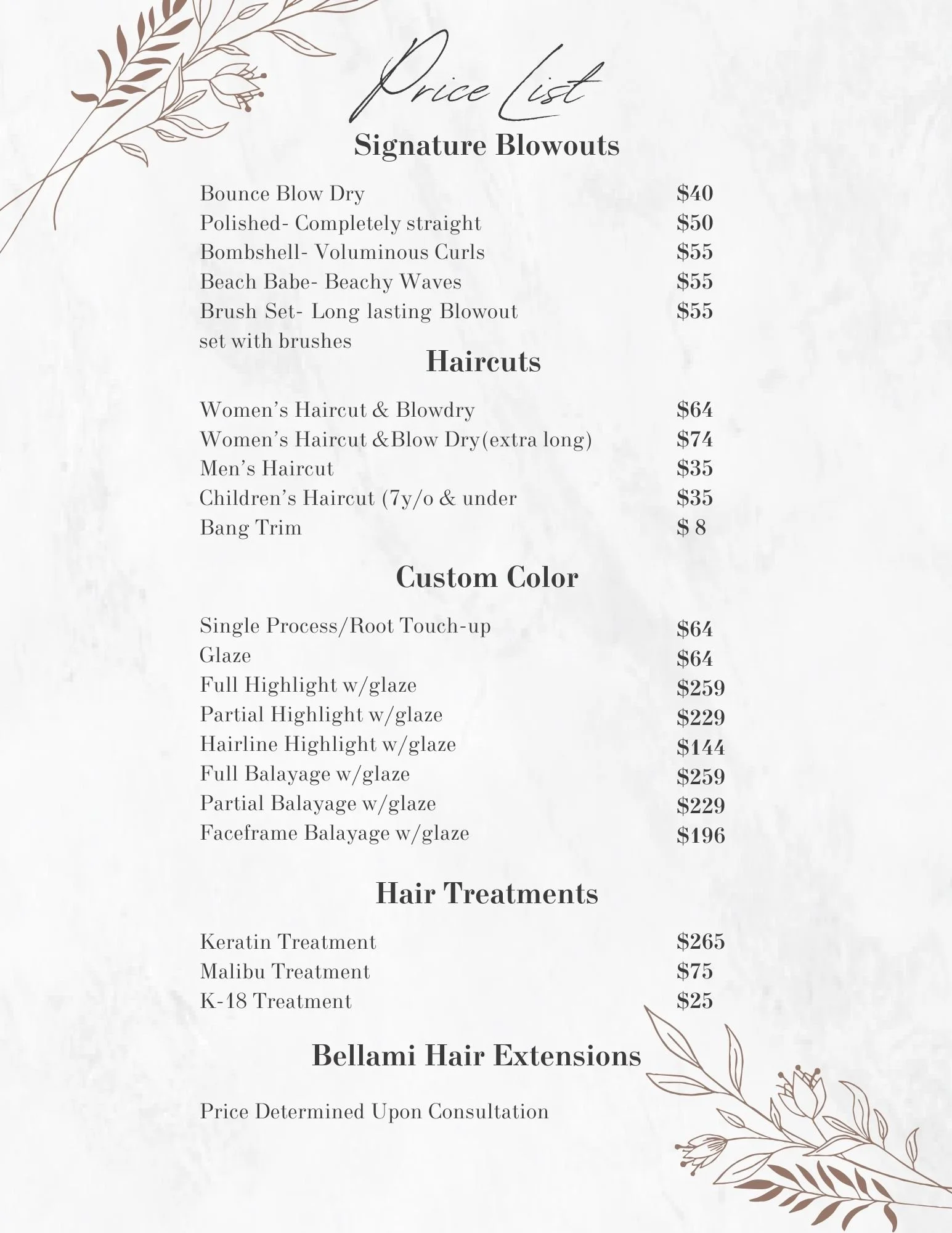 Bounce Price Menu — Bridal Rush