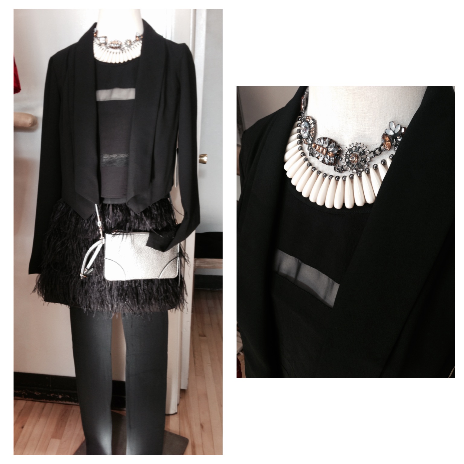 soft blazer with sheer back, sheer paneled crop top, feather skirt, silver clutch and mixed media necklace. perf for a holiday look or going out for a drink!