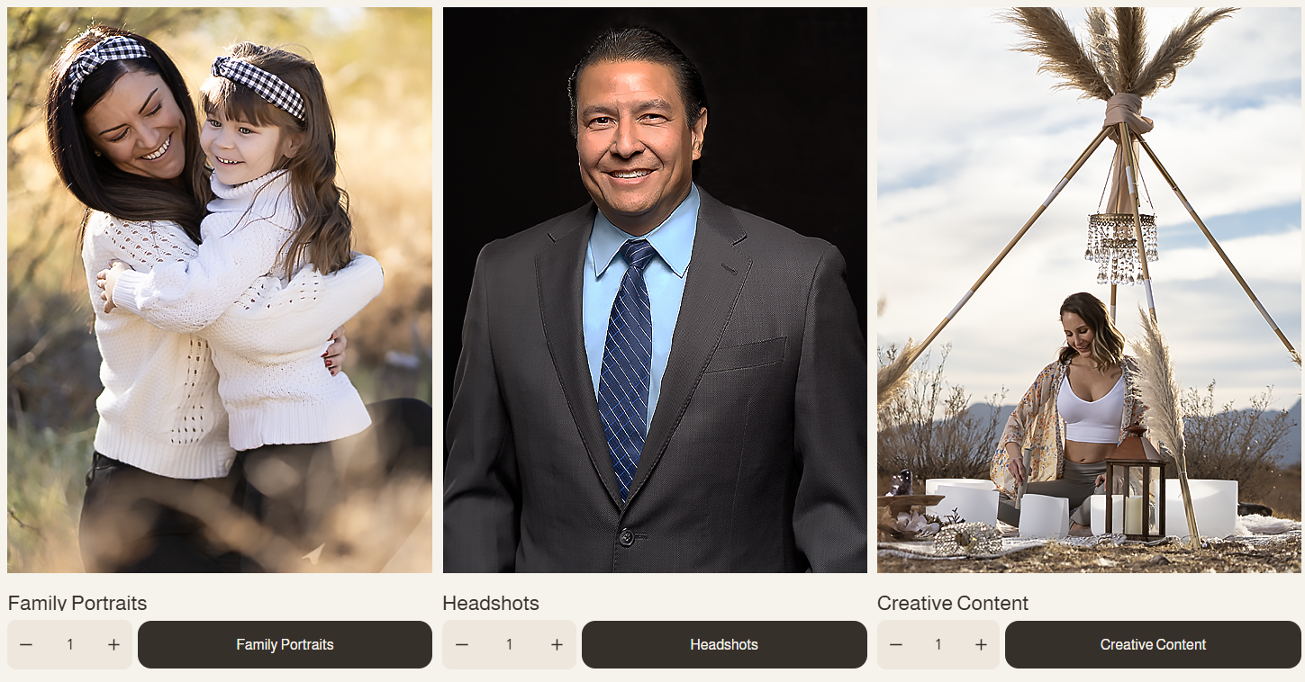 A collage of three images: on the left, a woman and a young girl hugging outdoors; in the center, a man in a suit smiling against a black background; on the right, a woman sitting on the ground outdoors near a teepee with decorative items.