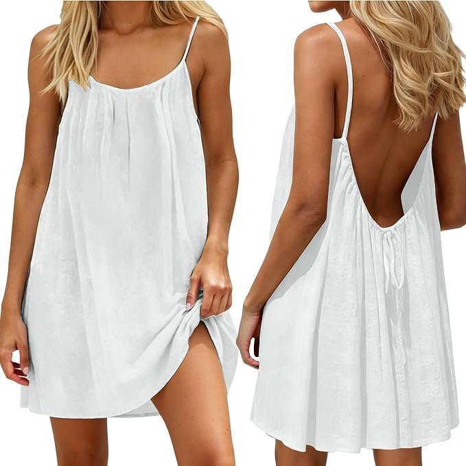 A woman wearing a white sundress with thin straps, one image showing the front and the other showing the back with a deep V cut.