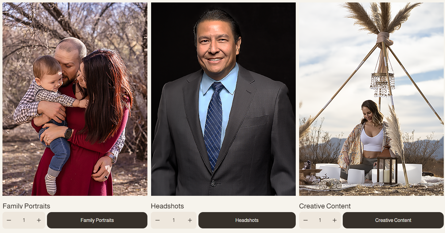 Three separate images: on the left, a family with a man, woman, and young child outdoors; in the center, a man in a suit smiling against a dark background; on the right, a woman in a bohemian outfit sitting next to a decorated teepee outdoors.