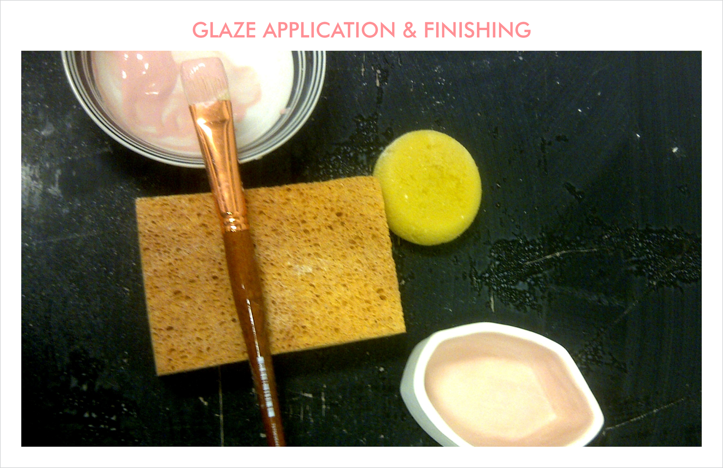 coral glaze is painted on the inner walls of the bowls and cups and left to dry overnight. They are subsequently fired.
