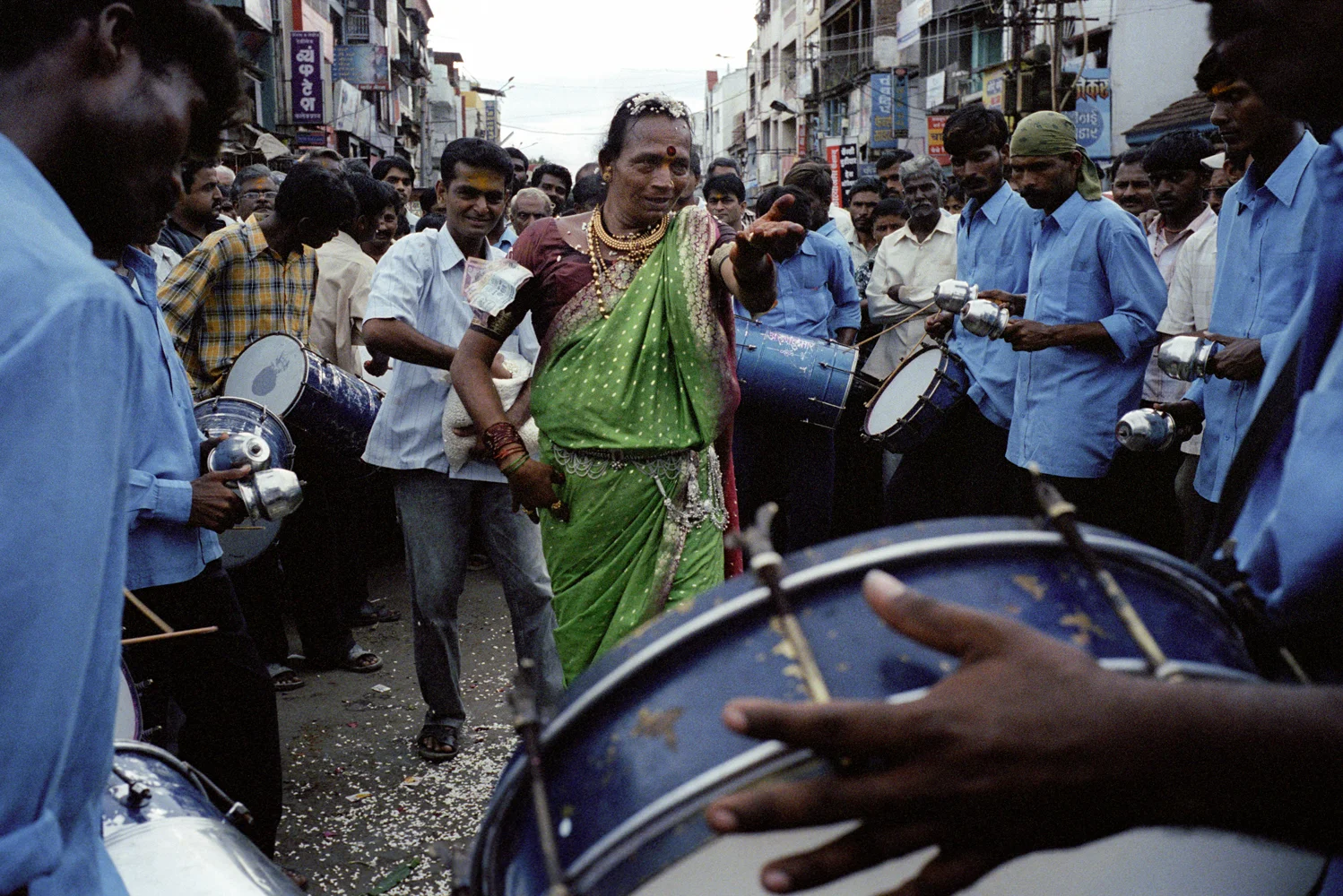 Bashkar dances for a crowd at the Shravan (the holy month of August) festival. He is very famous in the Sangli area and has 150 disciples training under him in dance and holy song.