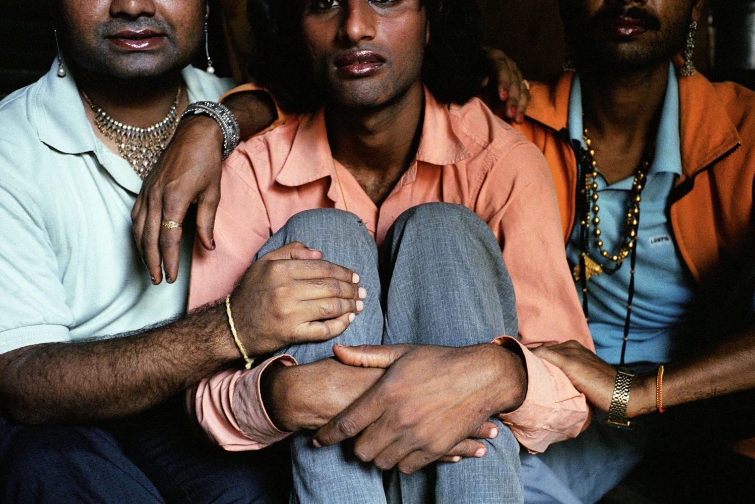 Pandu, a Jogappa (centre) and his friends Sudhir and Vinayak dress up together in the privacy of Pandu’s house. Other than in the Westernised middle classes there is no gay movement in India. The name chosen by men who do not identify themselves as homosexual (often being married), but who engage in sexual activity with other men is MSM (Men who have Sex with Men).