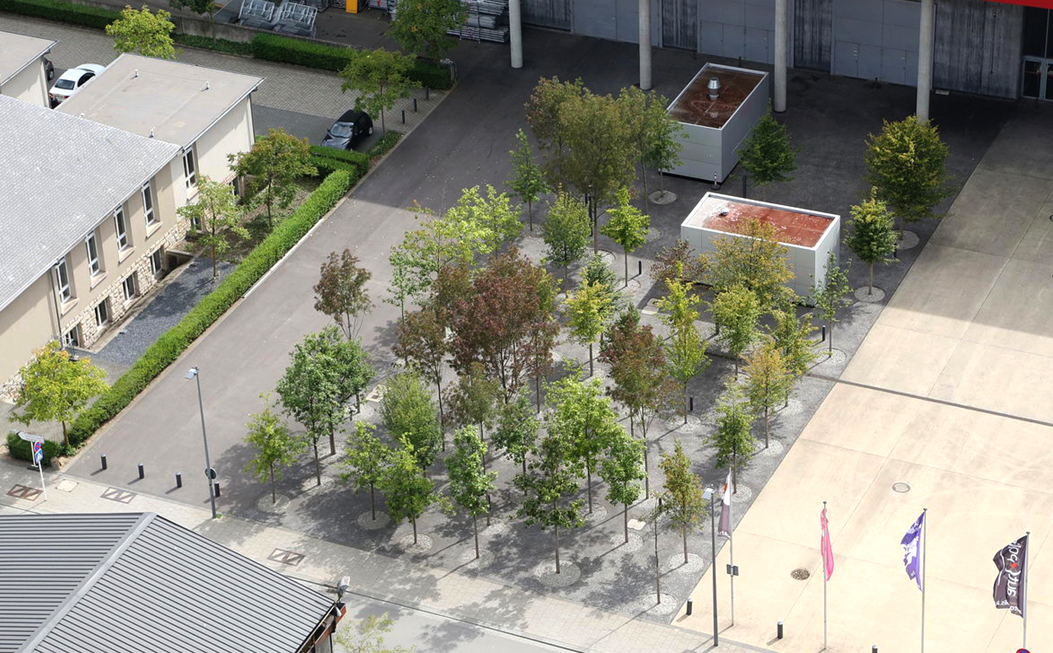    
  
 12.00 
  
     To enhance the barren concrete surface in front of the concert hall two densely planted forecourts were created. The dense tree planting offers a pleasant atmosphere with an attractive seasonal change in the urban environment o