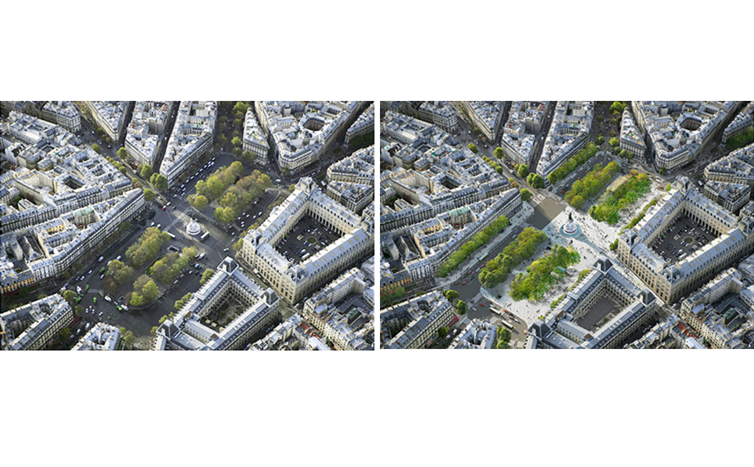   The transformation of the urban structure has been the leading motivation for the design of the new Place de la République. The conversion of a space dedicated to traffic into a large-scale pedestrian space has been very well received by Parisians.