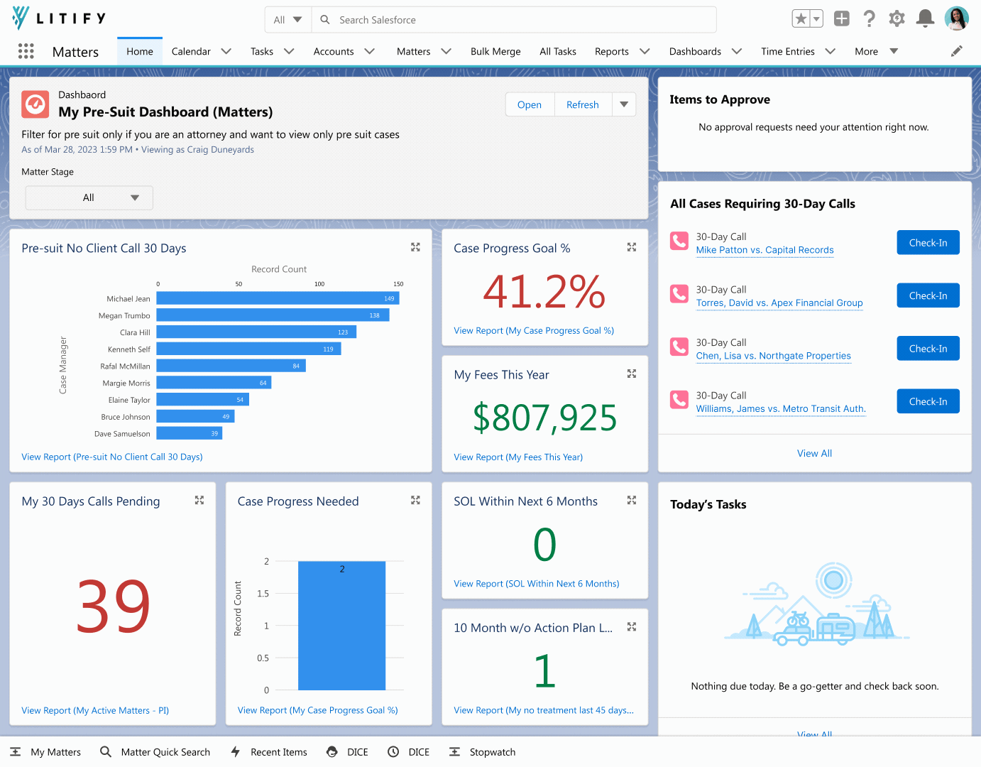 Legal staff can navigate from their home page with various case metrics, to individual cases (Matters) and click into Docrio.