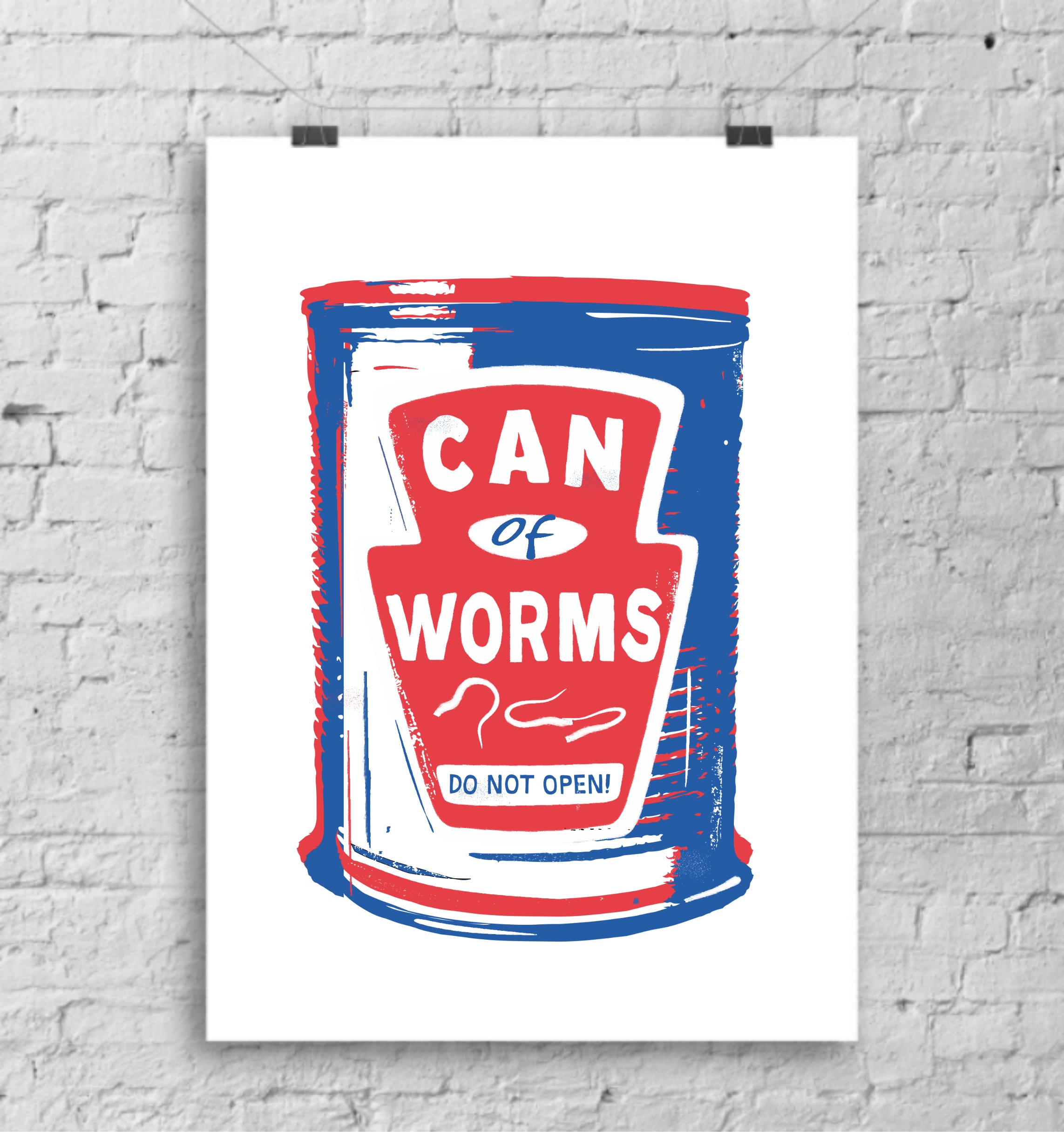Can of worms contemporary art print by Lou Boyce - red, white and blue