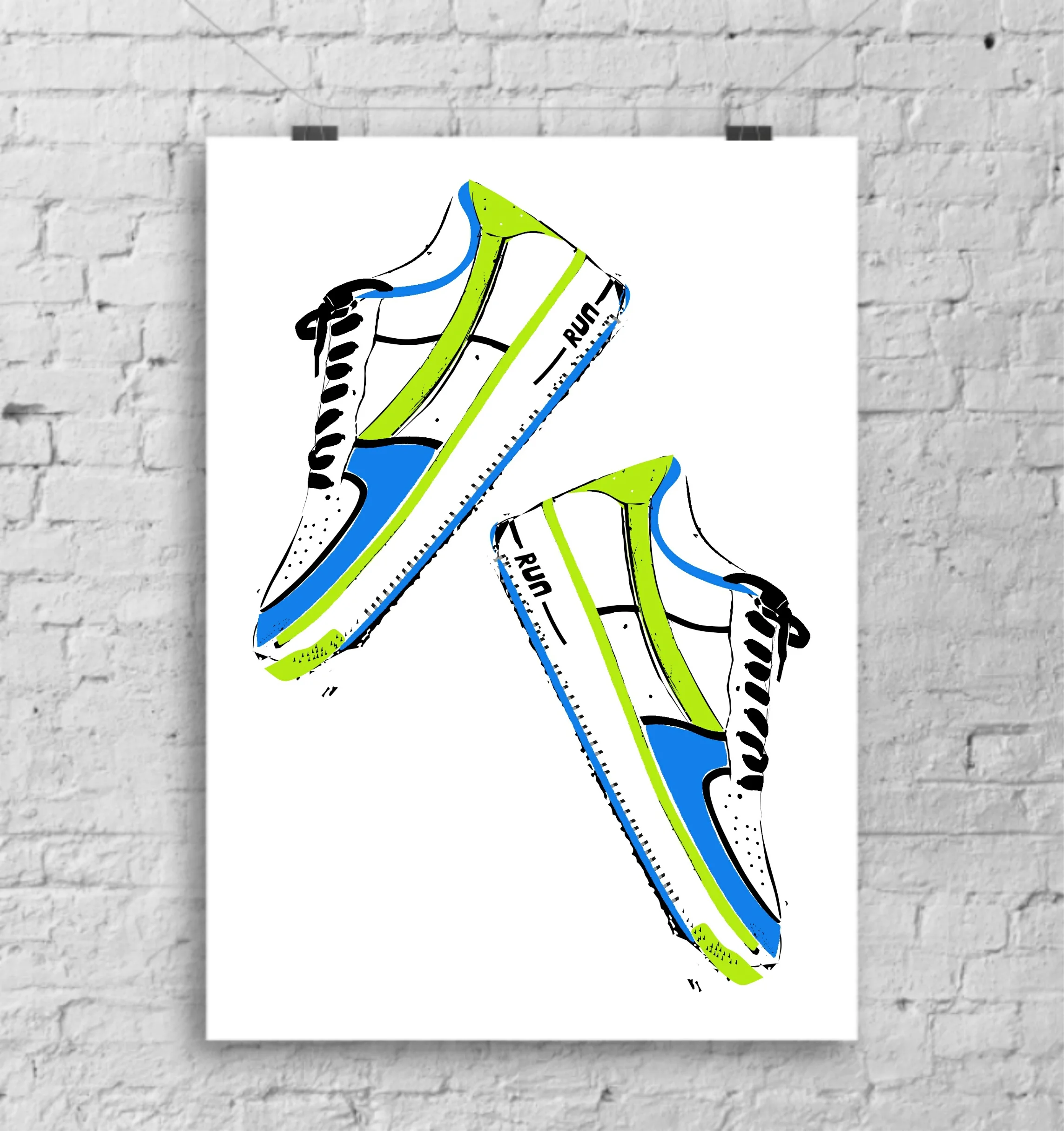 Contemporary green and blue personalised trainers art print by Lou Boyce