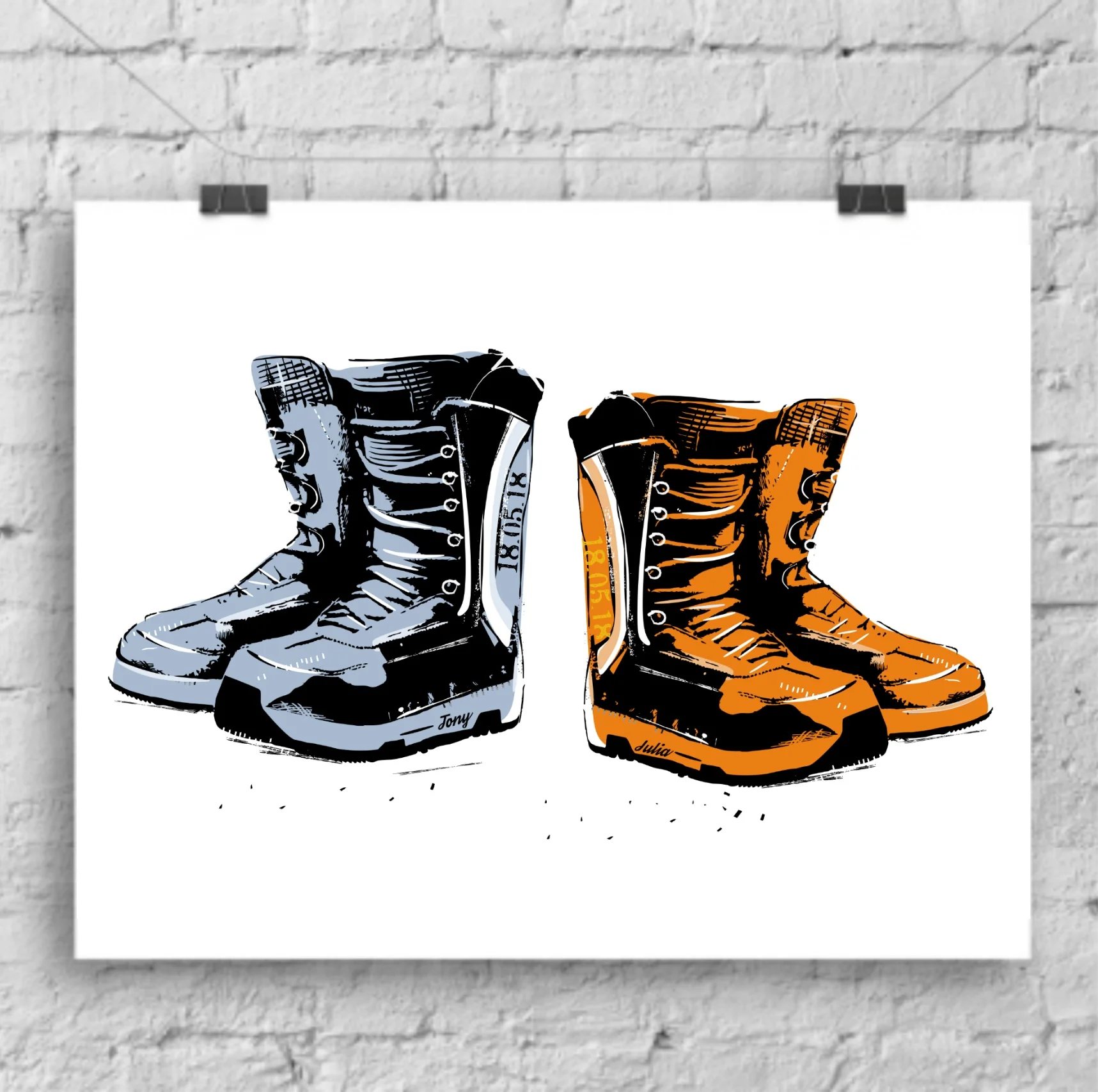Snowboard boots contemporary personalised print by Lou Boyce