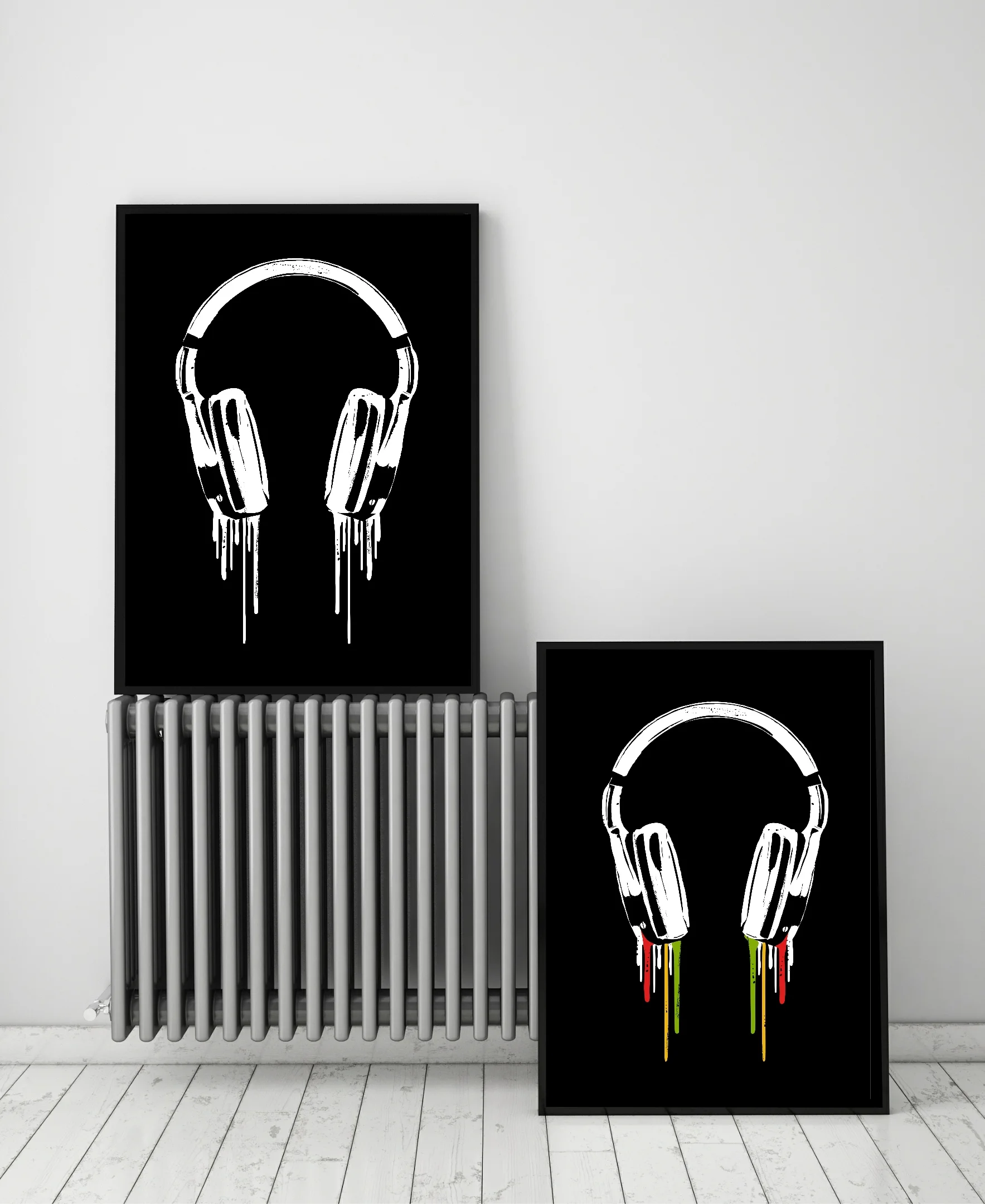 Dripping headphones print by Lou Boyce - black and white and red, yellow and green