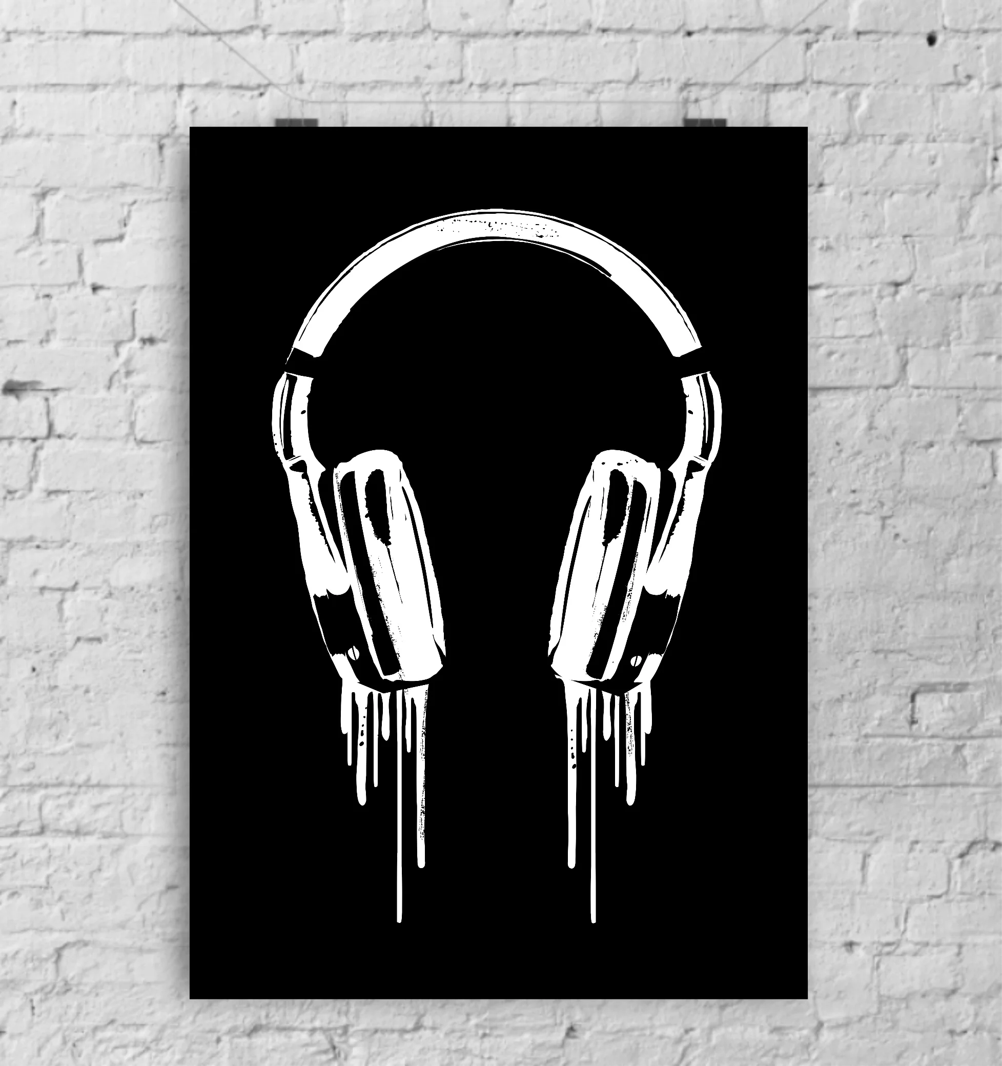 Dripping headphones print by Lou Boyce - black and white