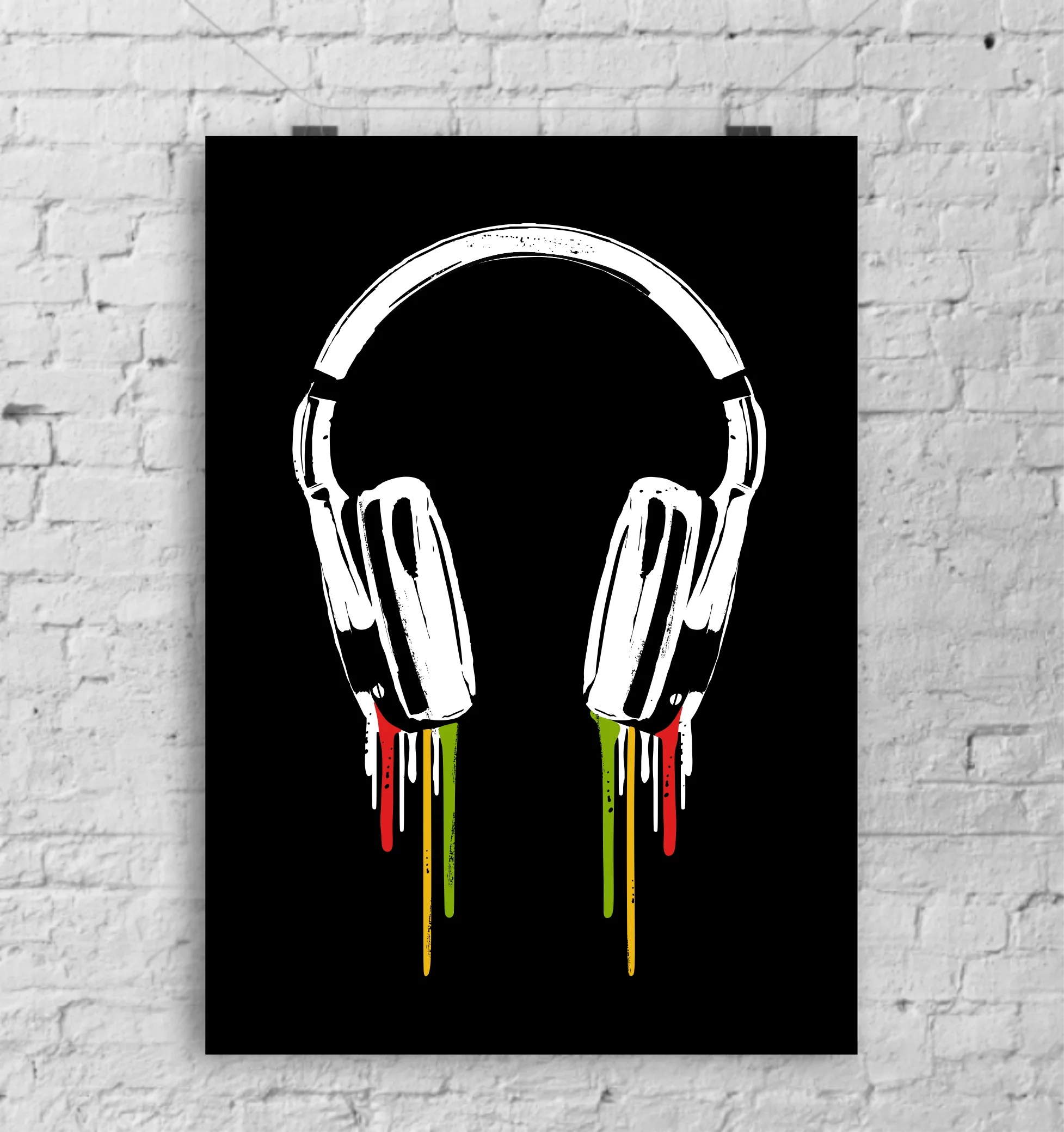 Dripping headphones print by Lou Boyce - black, red, yellow and green