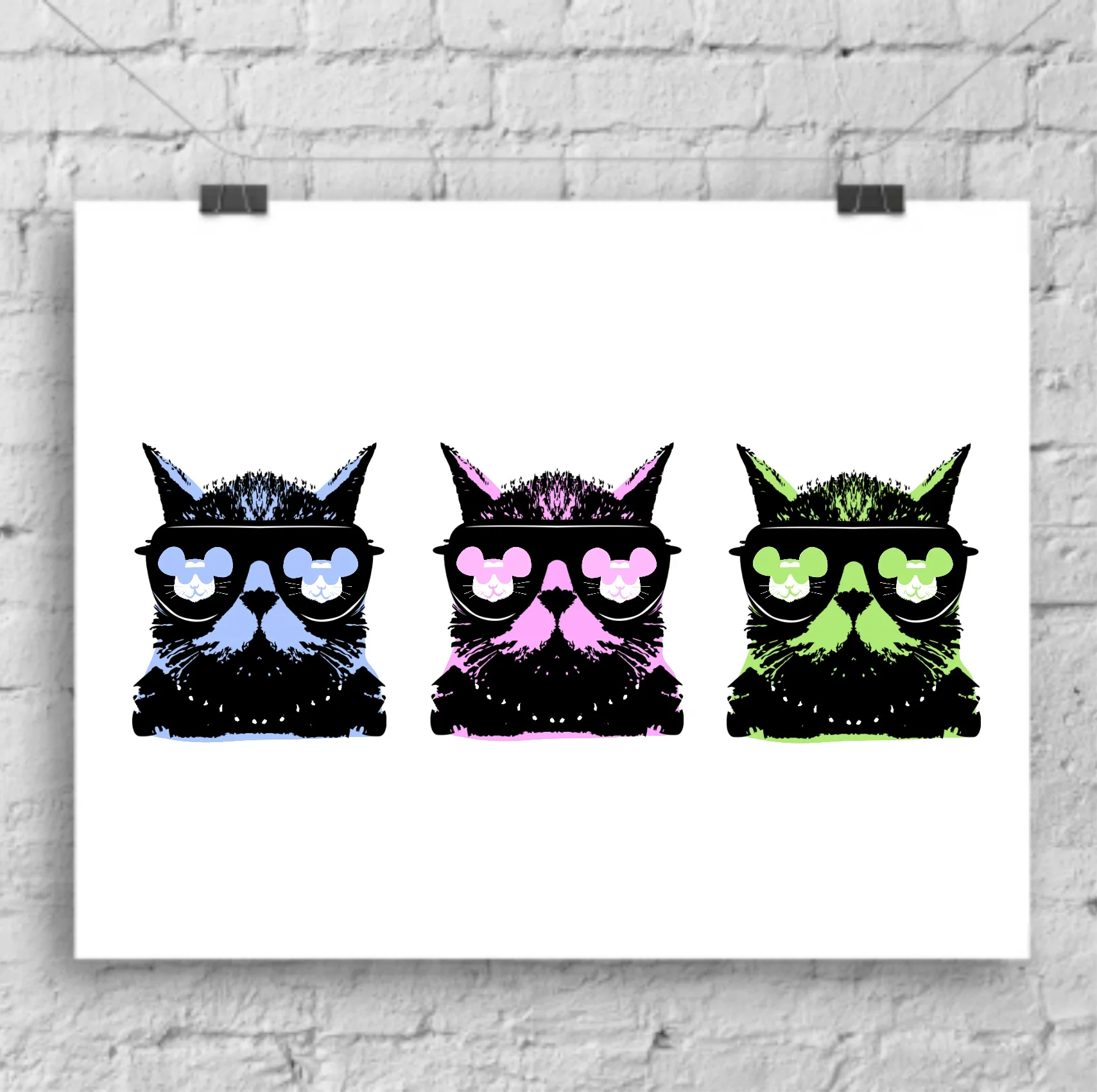 Trio of pop art cats - blue, pink and green - by Lou Boyce