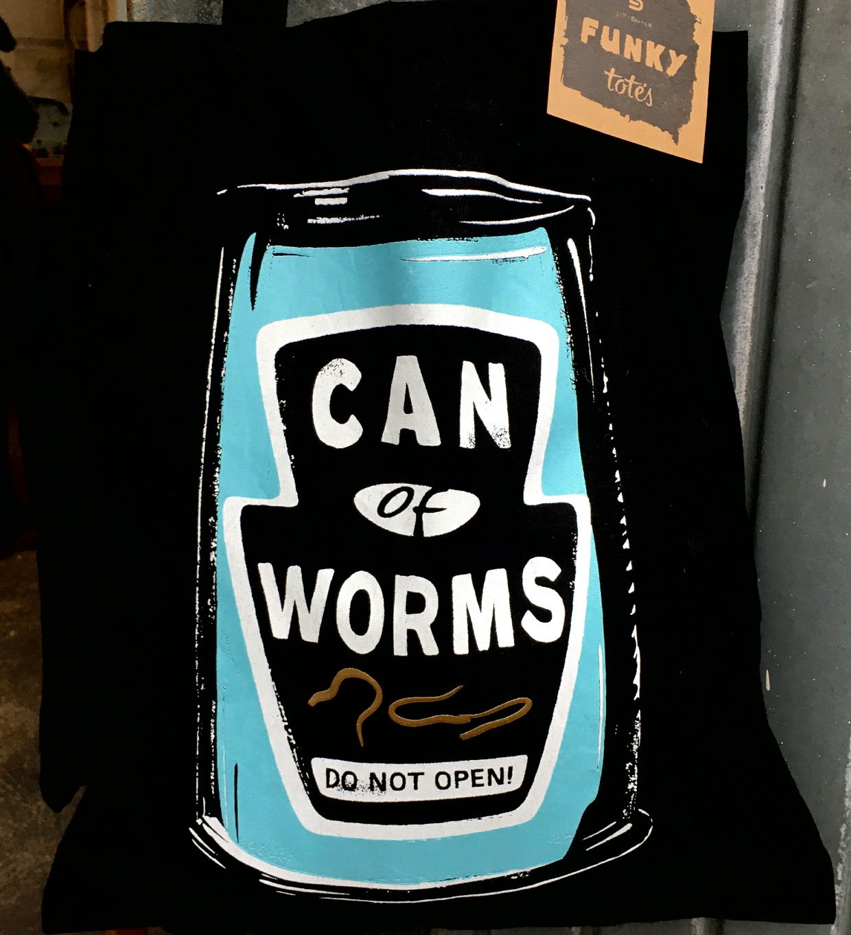 Can of worms screen printed tote bag