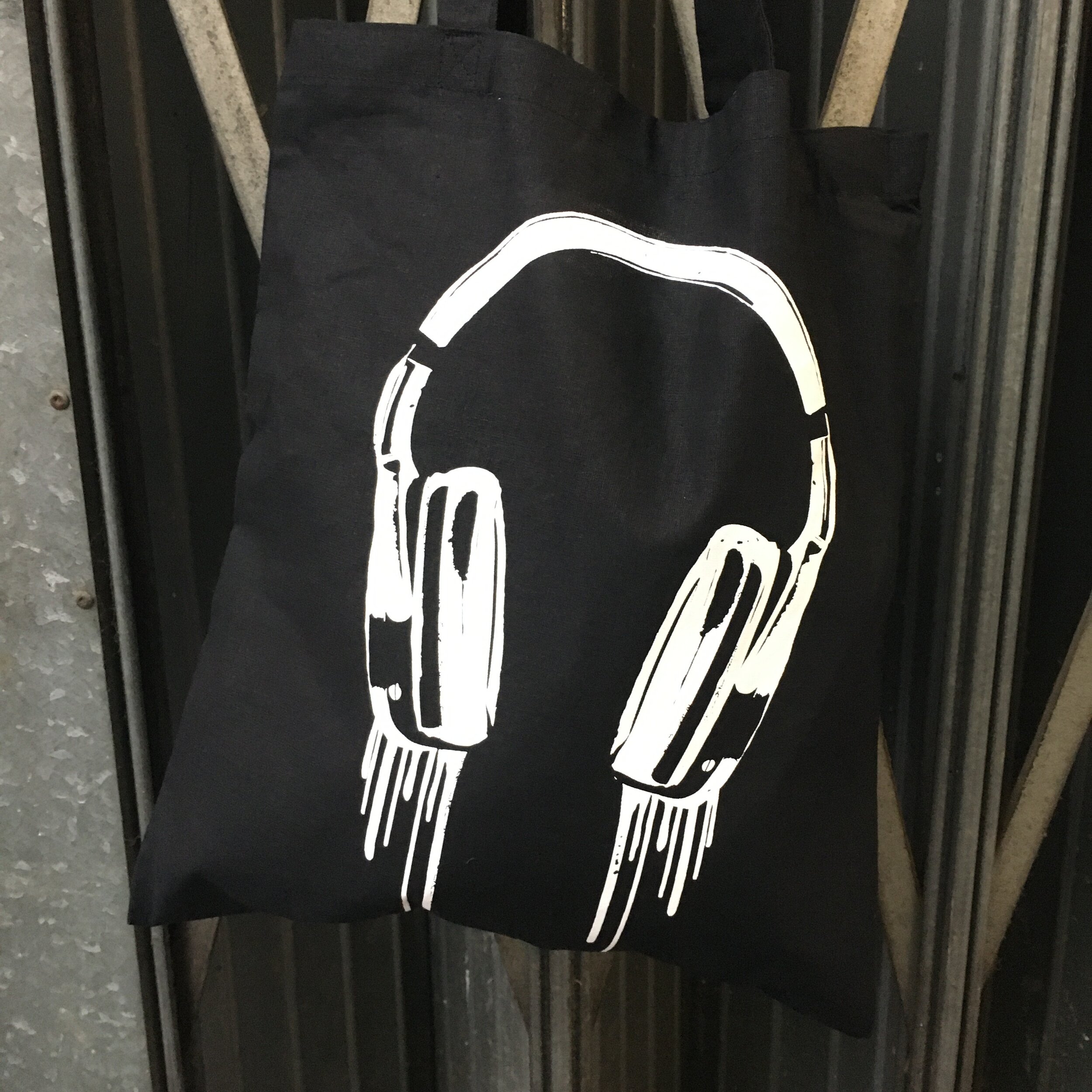 Headphones screen printed tote bag