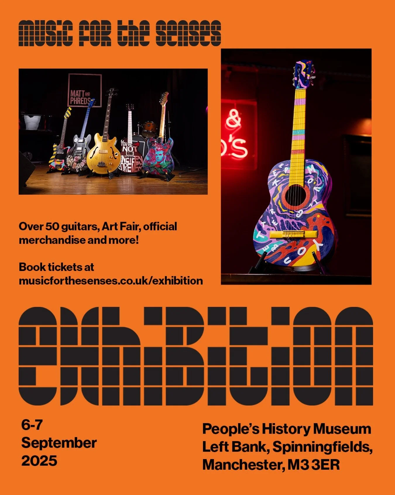 👀 Music for the Senses Exhibition and Art Fair - tickets available now! Booking link below.
🎸🎸🎸🎸🎸🎸

Last opportunity to view the guitars before the grand auction.
 
6-7 September 2025
 
People&rsquo;s History Museum
Left Bank, Spinningfields, 