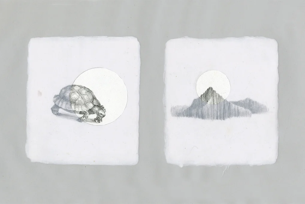 Creation of the Universe, Turtle, Mountain, 2014 Pencil on paper with vellum overlay 15 x 8"