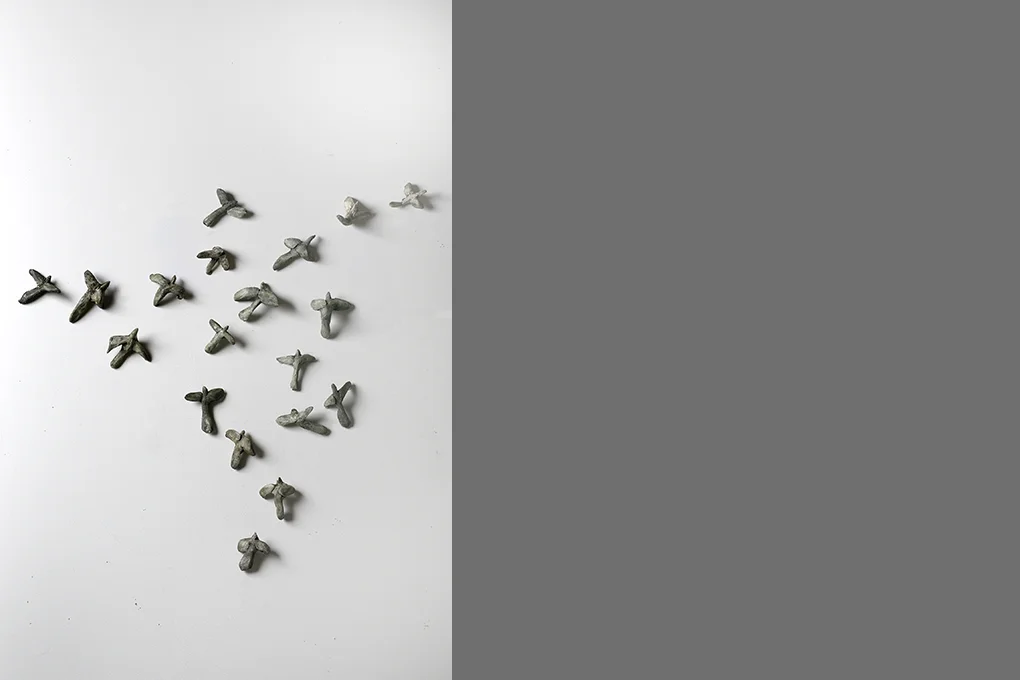 Learning To Fly: A Celebration of Flight and Exploration (detail) Installation, The Walsh Gallery, Seton Hall University, Plaster on wire, with oil patina Size variable