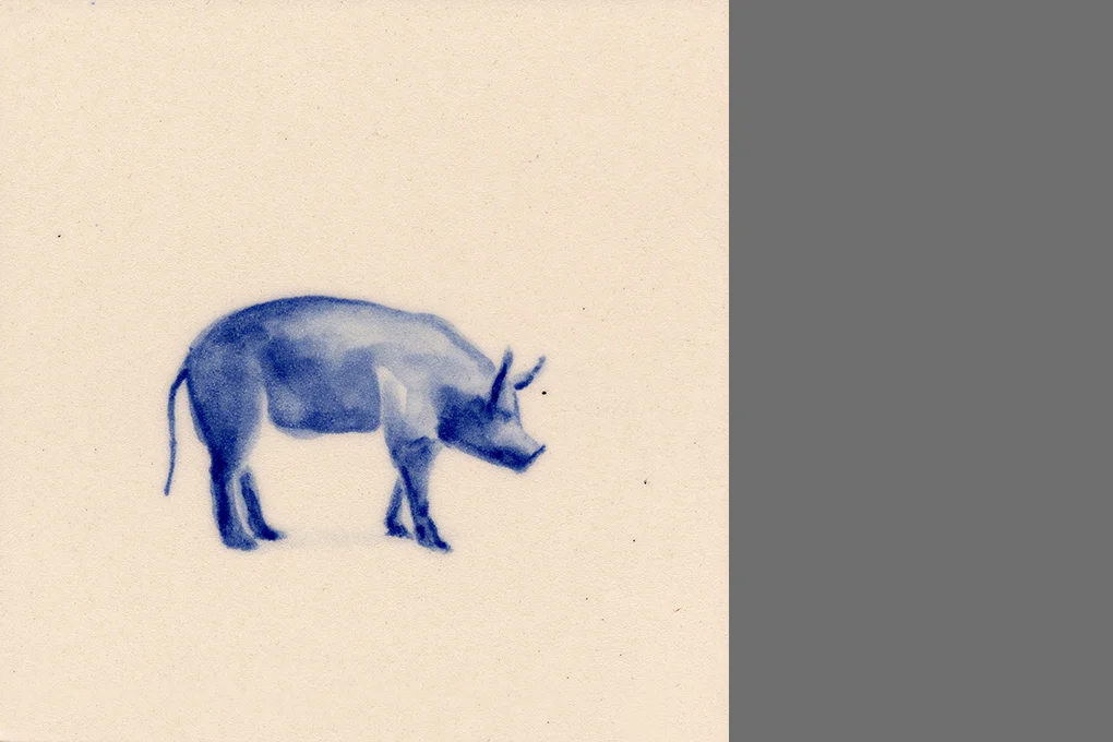 Pig , 2013 Hand-painted glaze on bisque tile 4 x 4"