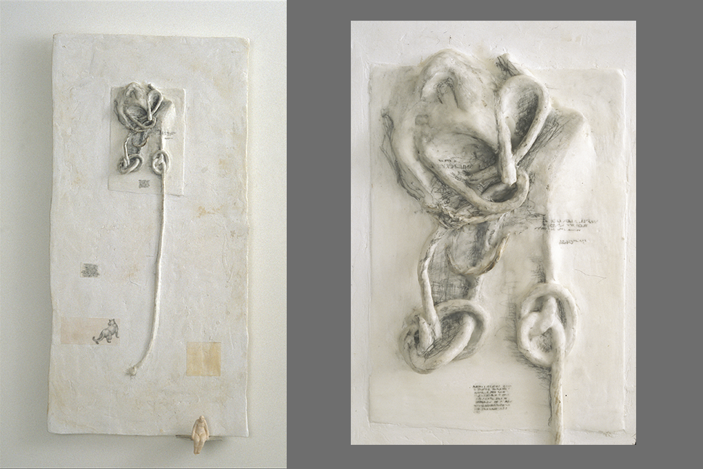 Sessions of Sweet Silent Thought: In the Work , 2009 Rope, Graphite, Ceramic figure, Plaster, Beeswax 24" x 48"