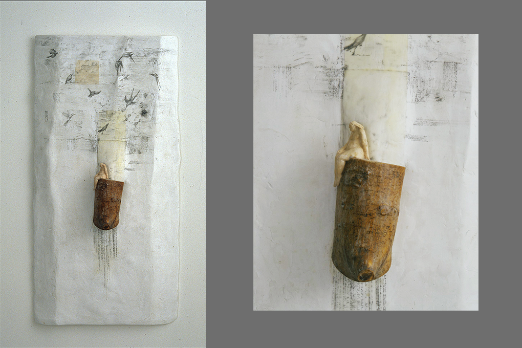 Sessions of Sweet Silent Thought: In the Garden , 2009 Tree Branch, Graphite, Ceramic figure, Plaster, Beeswax 24" x 48"