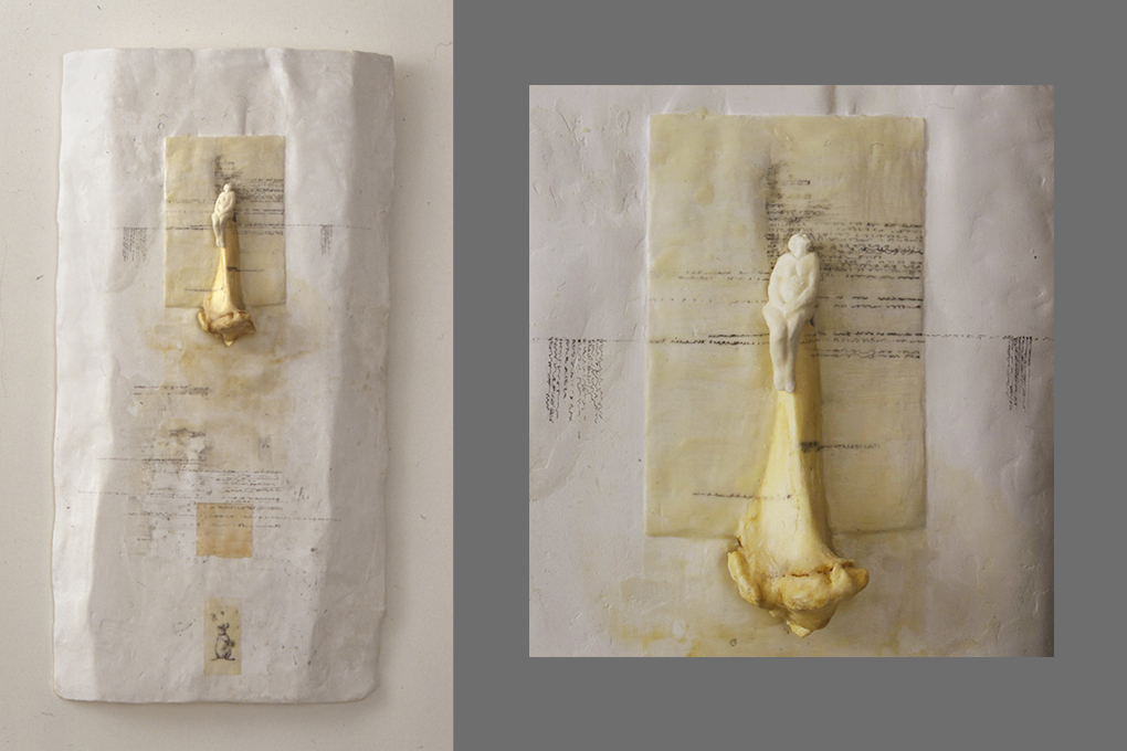 Sessions of Sweet Silent Thought: In the Bone , 2009 Bone, Graphite, Ceramic figure, Plaster, Beeswax 24" x 48"