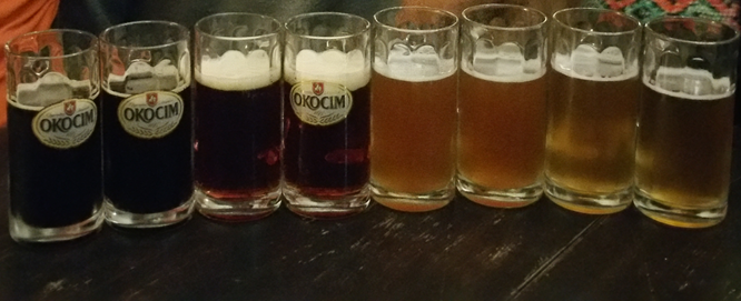 A lovely gradient of colored organic matter concentrations in a variety of local Polish beers. We're going to make our own brewery: St. Mary's Stout to the Lawrence River Lager, all named after famous waterways and their respective color. 