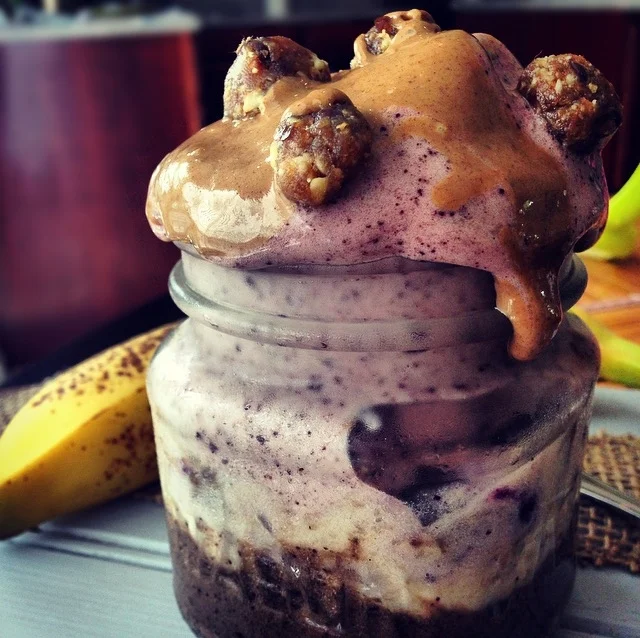 Layers of deliciously creamy chocolate, cookie dough and acai berry banana "nice" cream. Dairy-free, gluten-free, guilt-free. 